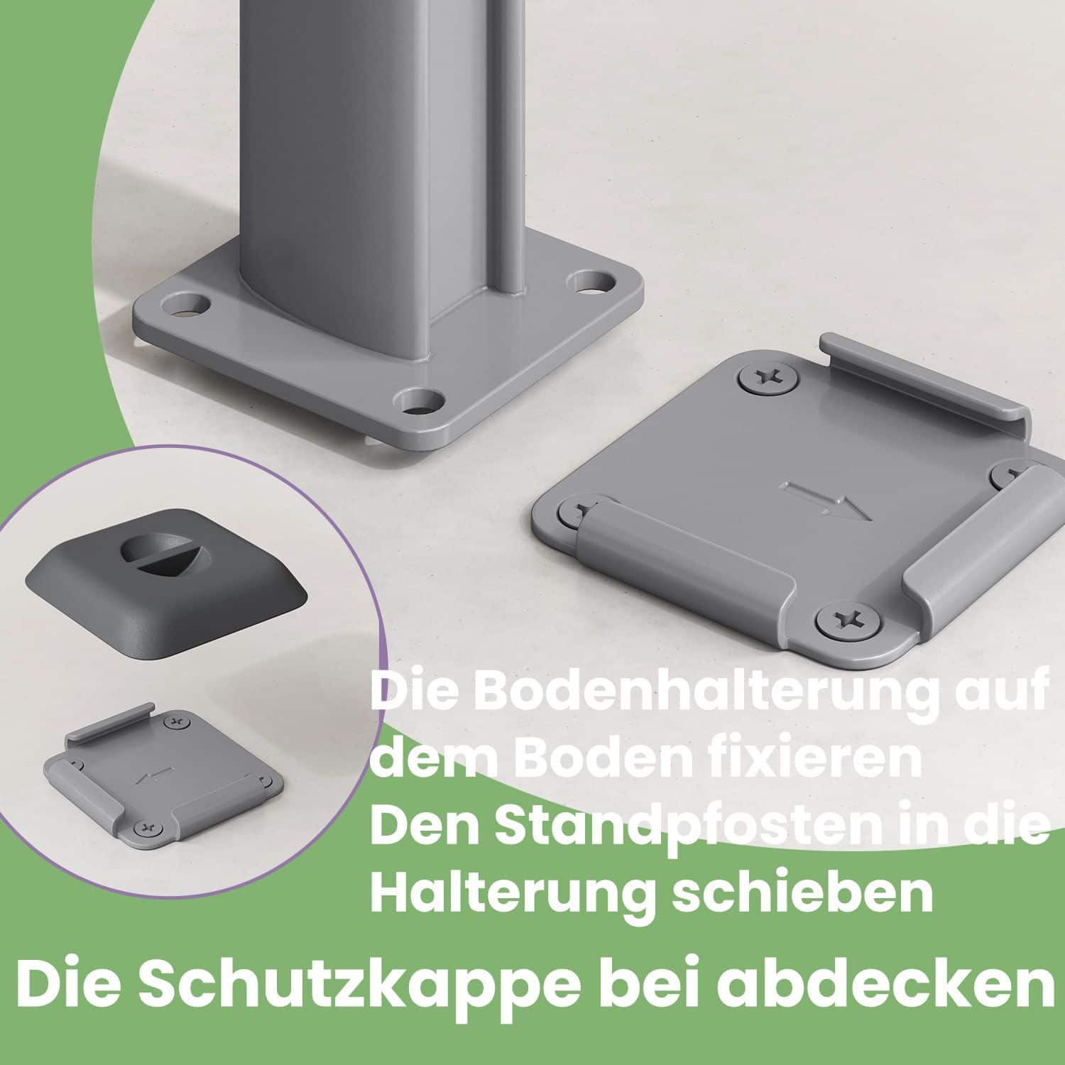 Bodenhalterung für Seitenmarkisen-Pfosten, Metallplatte mit Kunststoff-Deckel, Ausziehfixierung Bodenhalterung für Seitenmarkisen-Pfosten, Metallplatte mit Kunststoff-Deckel, Ausziehfixierung