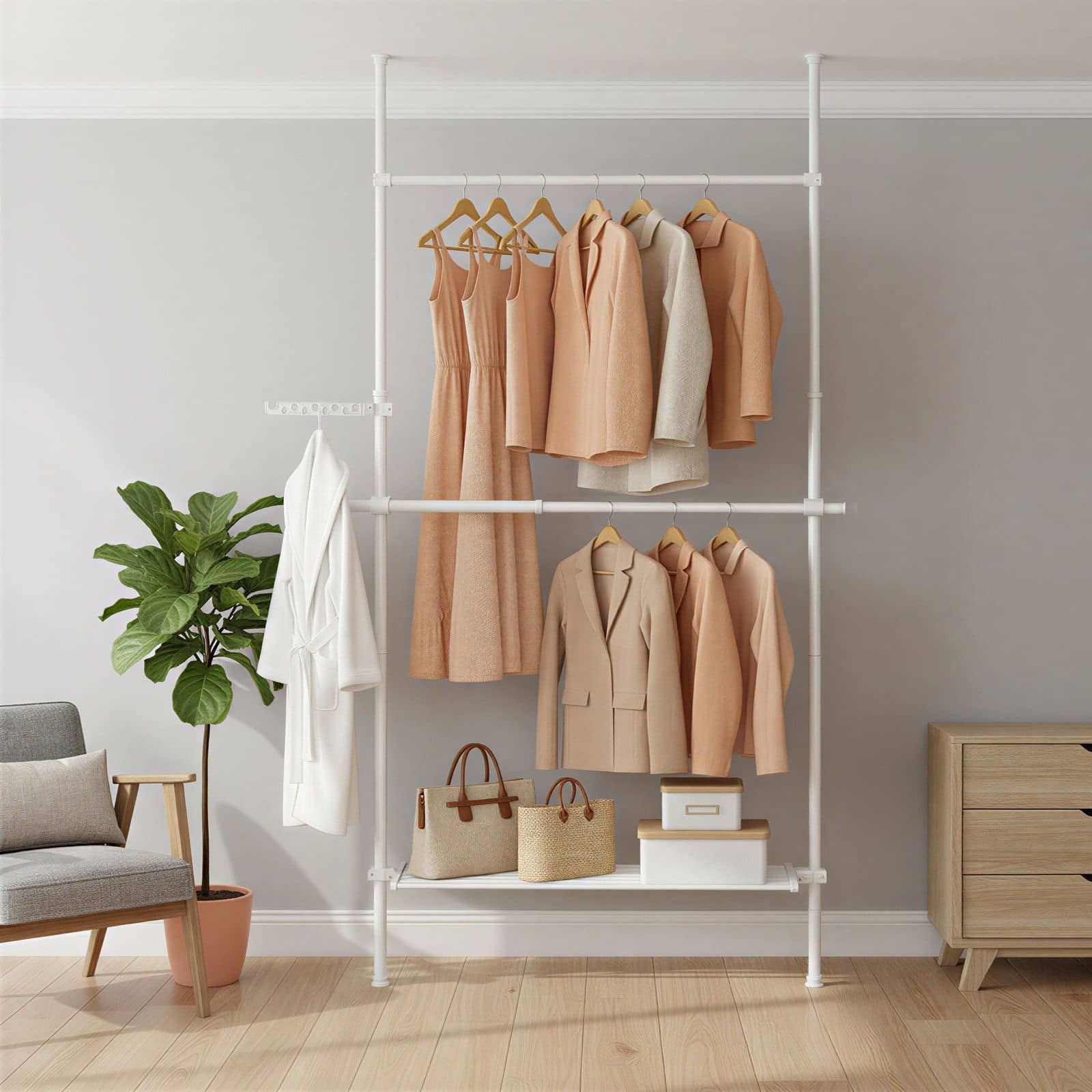 3-stufiger Kleiderständer, höhen- und breitenverstellbar, offene Garderobe mit 2 Kleiderstangen und 1 Ablage 3-stufiger Kleiderständer, höhen- und breitenverstellbar, offene Garderobe mit 2 Kleiderstangen und 1 Ablage