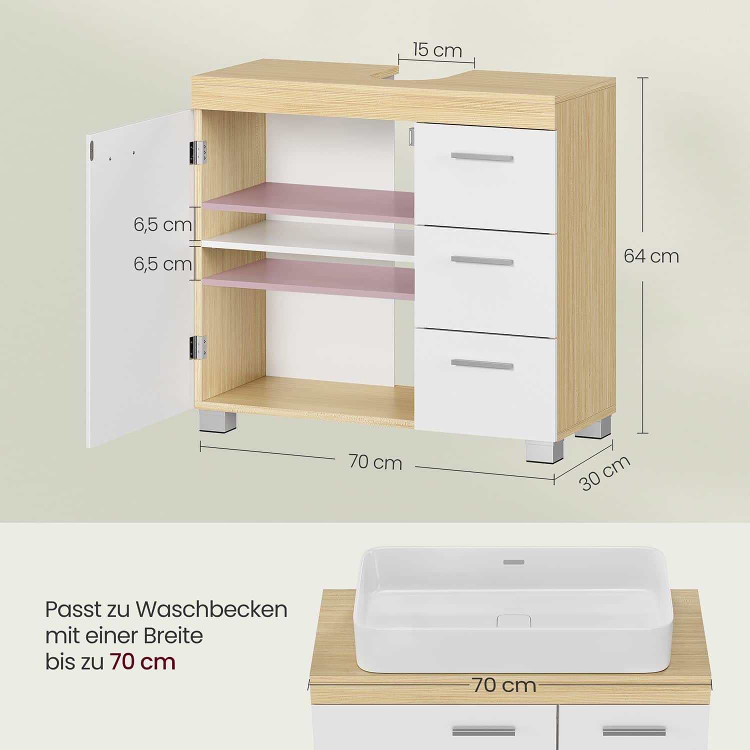 Waschbeckenunterschrank mit 3 großen Schubladen Waschbeckenunterschrank mit 3 großen Schubladen