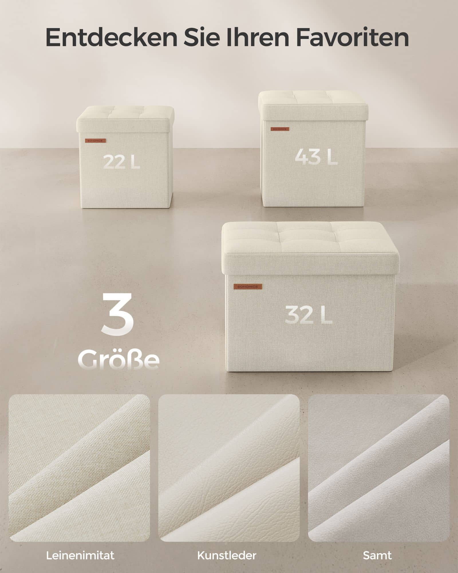 Klappbarer Sitzhocker mit Stauraum 30 x 30 cm cremeweiß