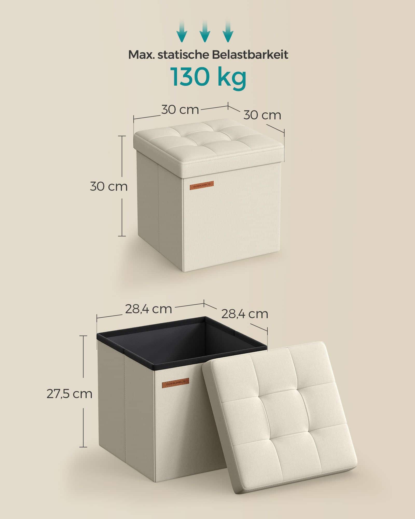 Klappbarer Sitzhocker mit Stauraum 30 x 30 cm cremeweiß