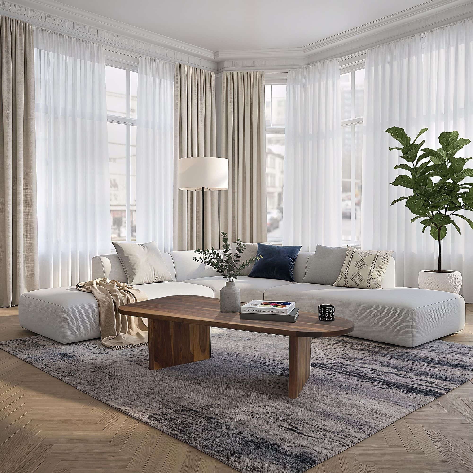 Couchtisch Sheesham Massivholz oval 120cm · Handgefertigter Wohnzimmertisch im modernen Design mit abgerundeter Form · Flacher Sofatisch aus Echtholz Couchtisch Sheesham Massivholz oval 120cm · Handgefertigter Wohnzimmertisch im modernen Design mit abgerundeter Form · Flacher Sofatisch aus Echtholz