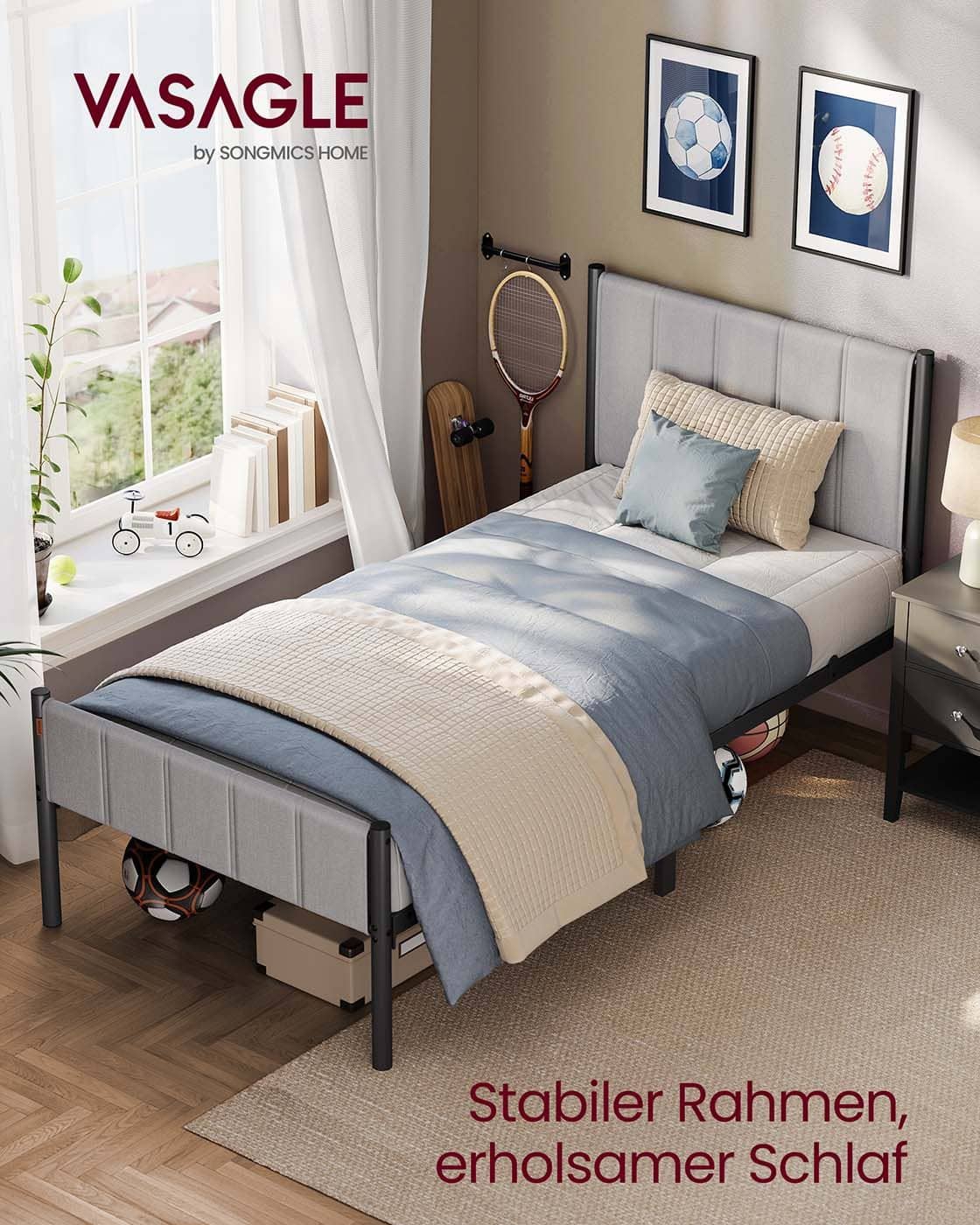 Einzelbettrahmen 90 x 200 cm mit taubengrauer Stahlgrundplatte Einzelbettrahmen 90 x 200 cm mit taubengrauer Stahlgrundplatte