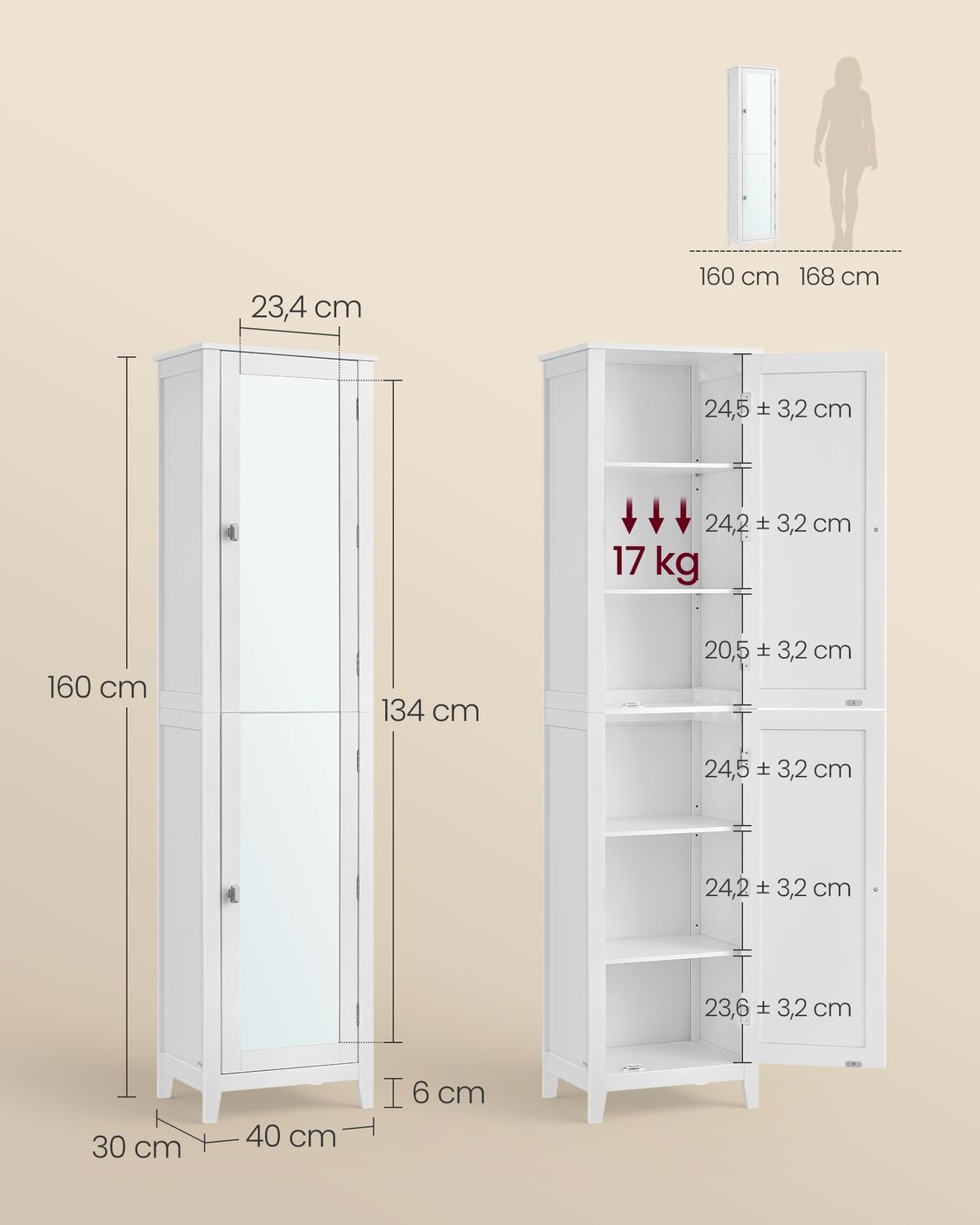 Badezimmerschrank mit Ganzkörperspiegel 30 x 40 x 160 cm wolkenweiß