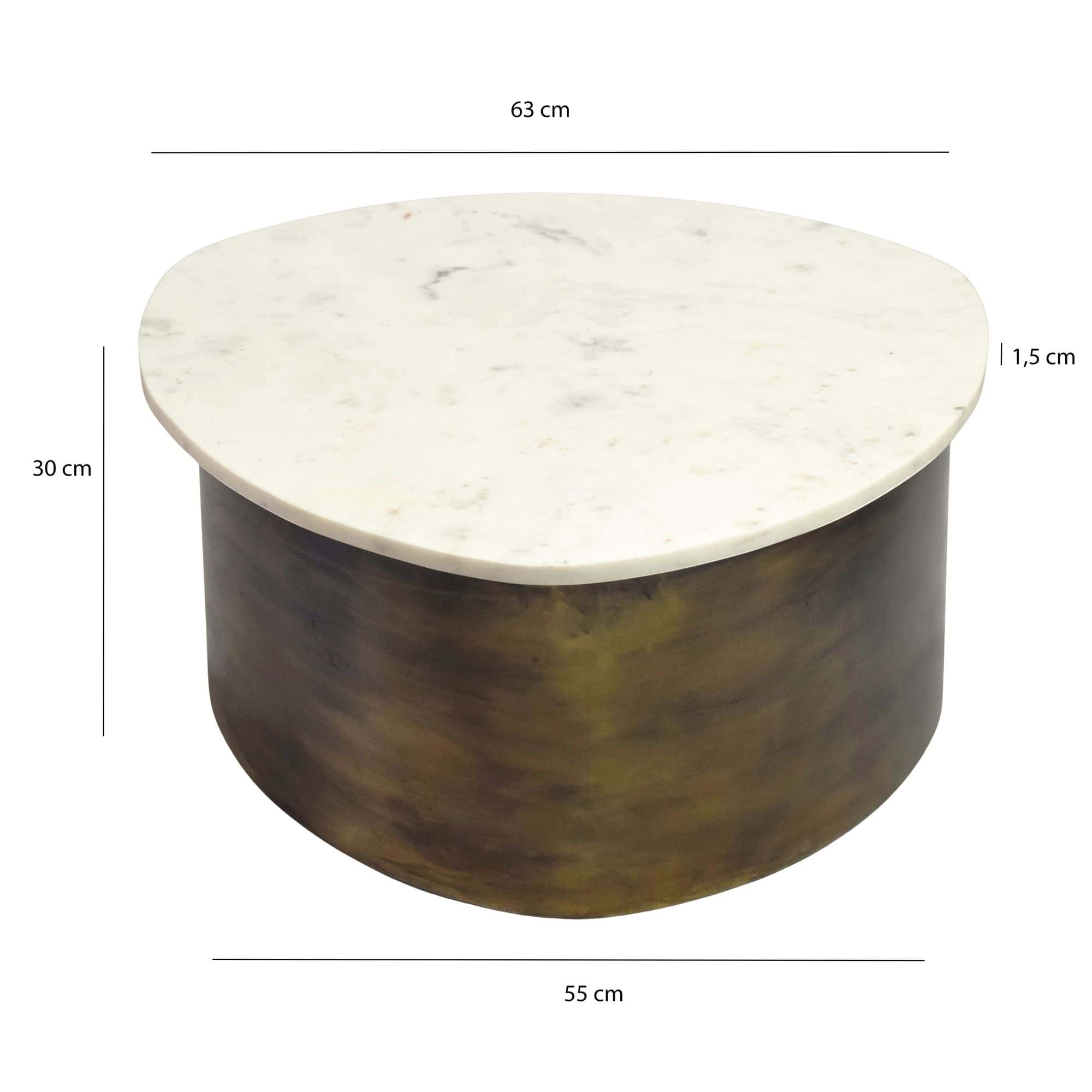 Couchtisch Gold 63cm mit weißer Marmor Tischplatte - Wohnzimmertisch Alu organische Form - Sofatisch Aluminium modern - Design Beistelltisch Metallgestell Handmade