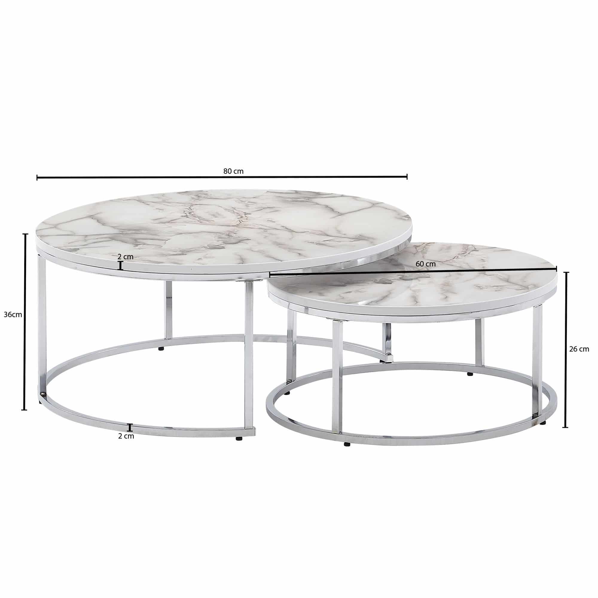 Couchtisch 2er Set Weiß Silber Marmor Optik Sofatisch Rund Modern
