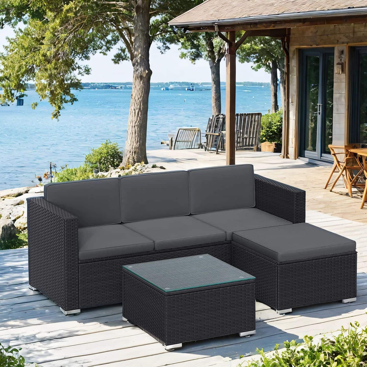 Gartenmöbel-Set, Terrassenmöbel aus PE-Polyrattan, Balkonmöbel mit Kissen und Glastisch Gartenmöbel-Set, Terrassenmöbel aus PE-Polyrattan, Balkonmöbel mit Kissen und Glastisch