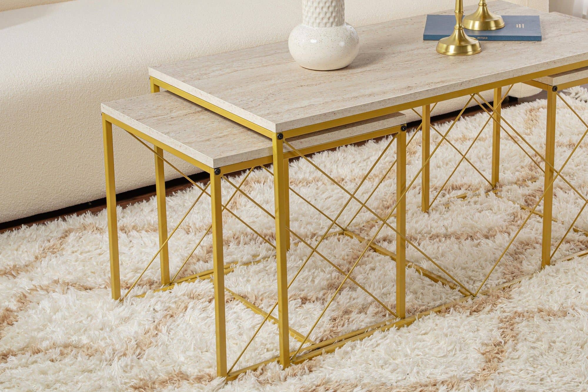 Defne - Gold, Travertine - Couchtisch Set