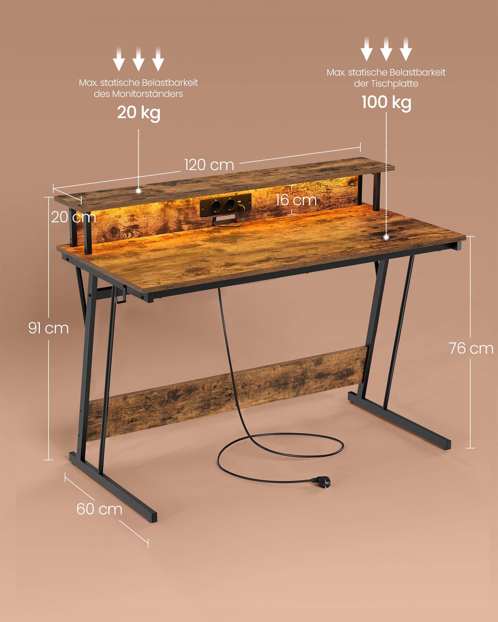 Schreibtisch mit Steckdosenleiste 60 x 120 x 76 cm vintagebraun Schreibtisch mit Steckdosenleiste 60 x 120 x 76 cm vintagebraun