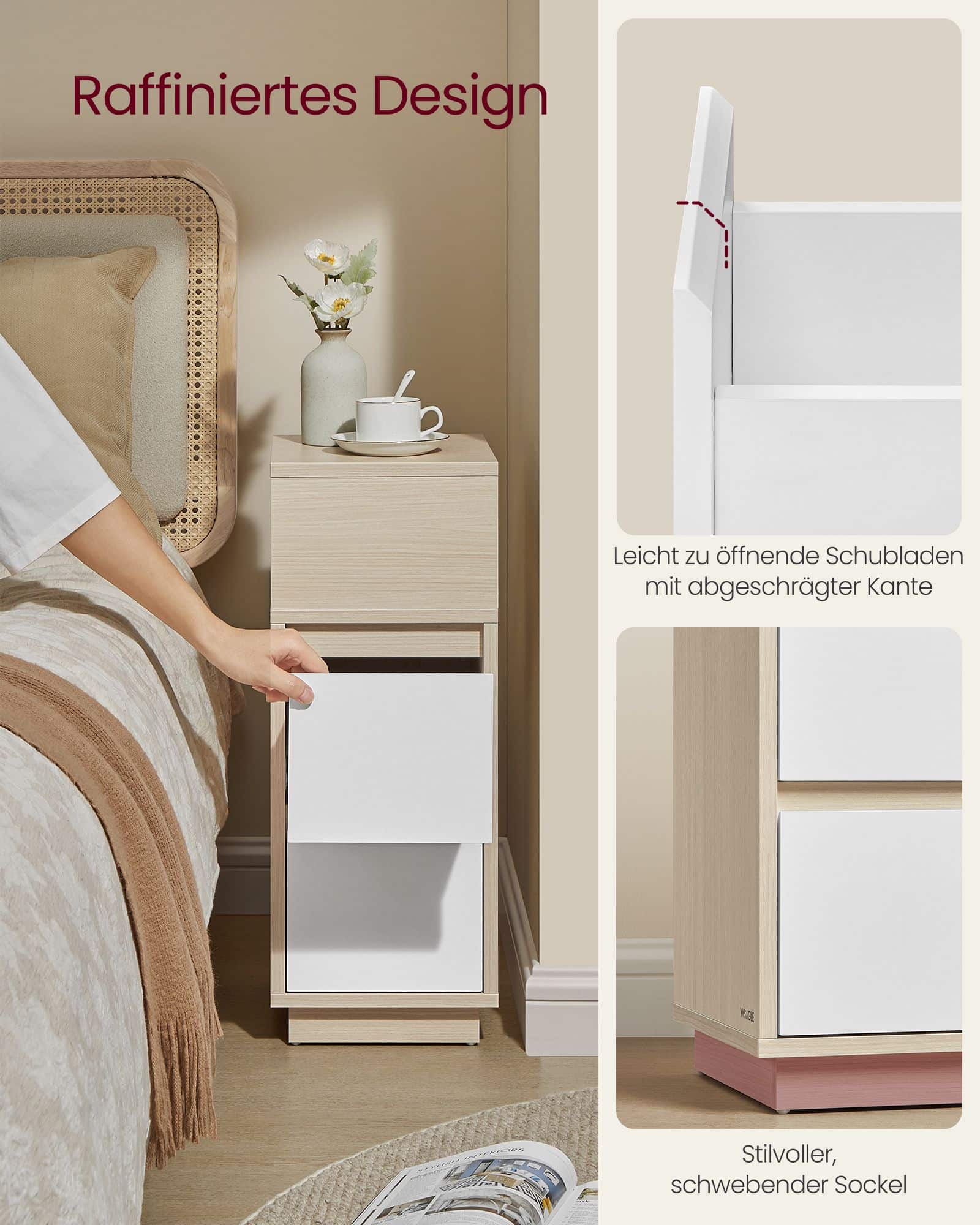 Schmaler Nachttisch 2er Set mit Schubladen naturbeige-wolkenweiß Schmaler Nachttisch 2er Set mit Schubladen naturbeige-wolkenweiß