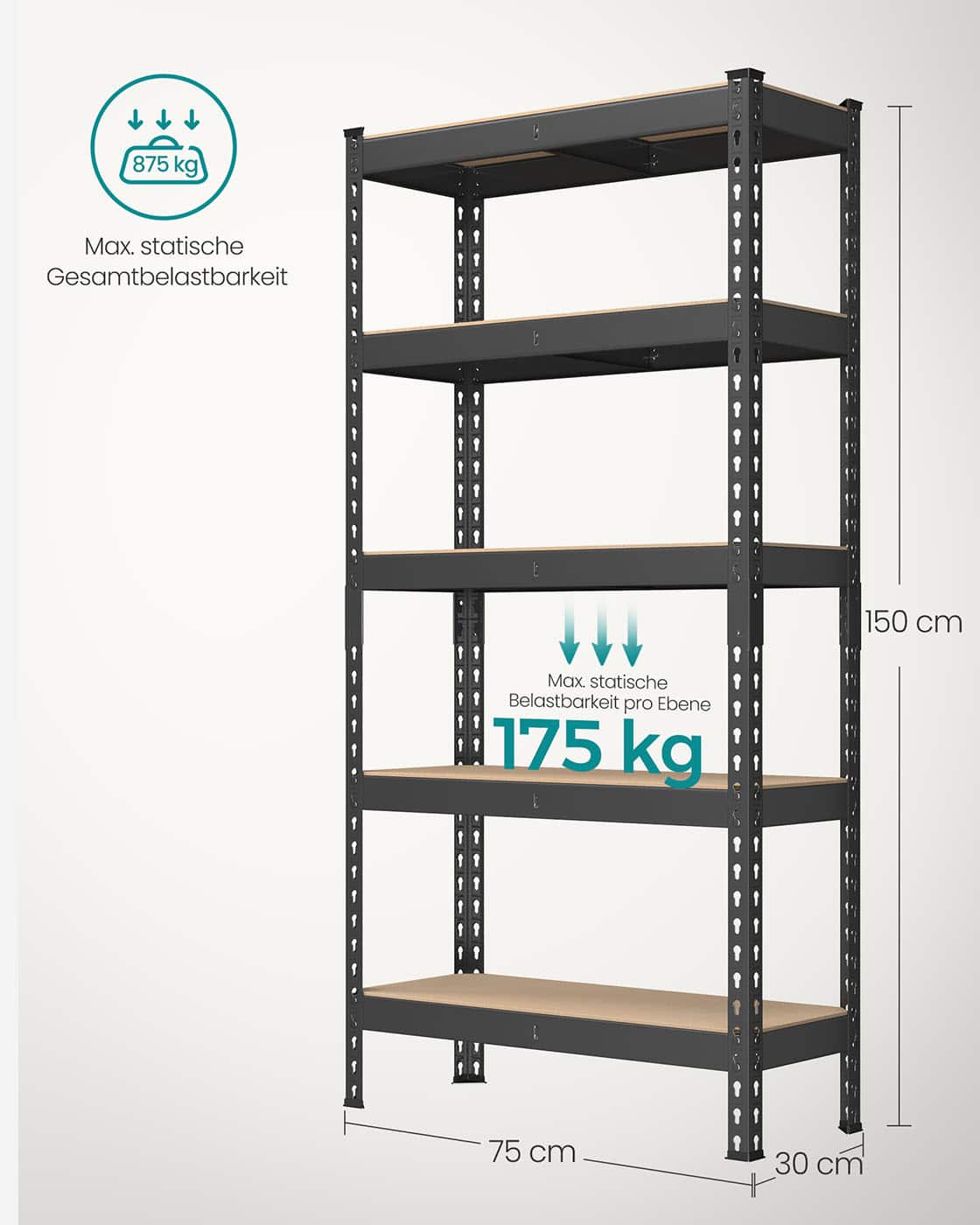 Schwerlastregal mit 5 Ablagen 30 x 75 x 150 cm schwarz