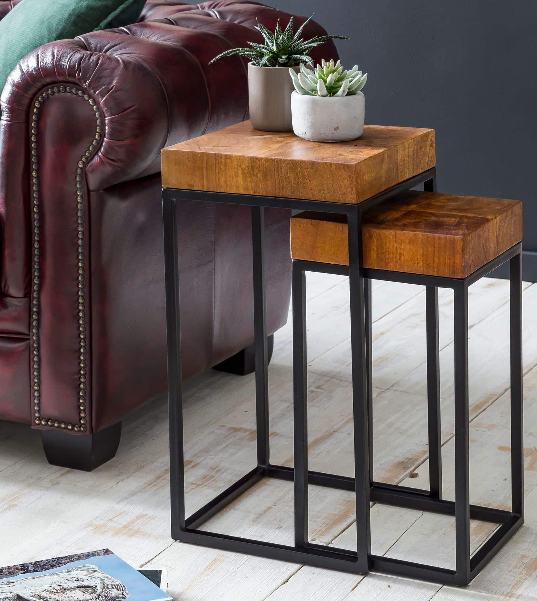 Design Satztisch WL5.660 Sheesham Metall Beistelltisch 2er Set Klein Design Satztisch WL5.660 Sheesham Metall Beistelltisch 2er Set Klein