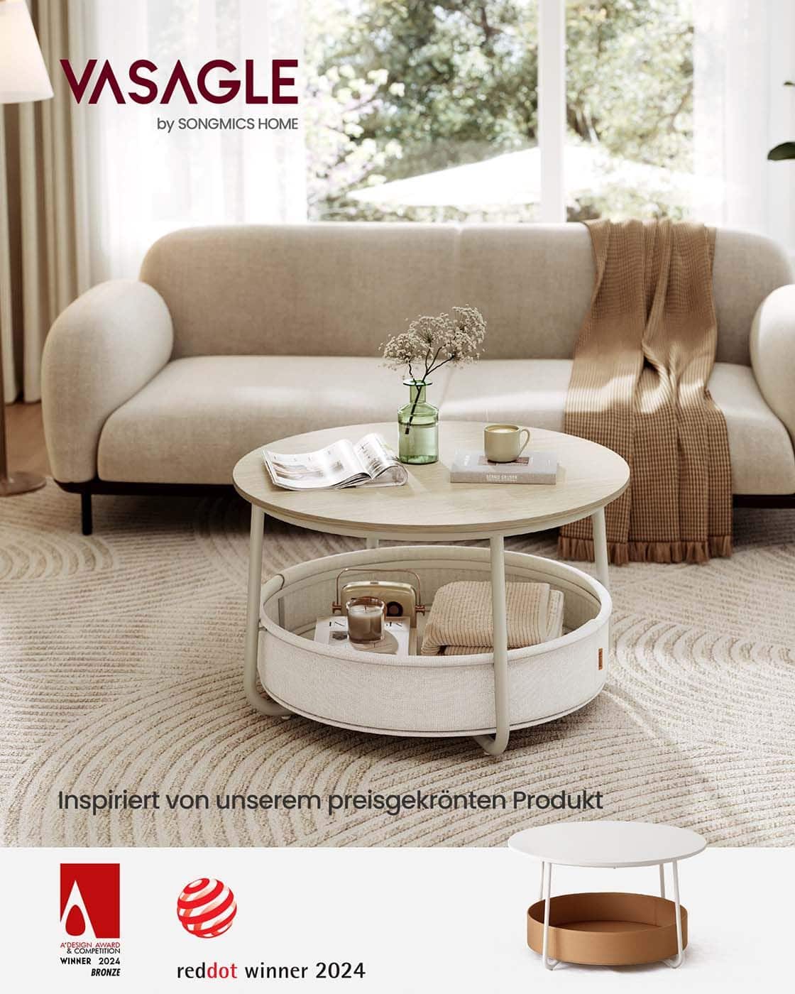 Couchtisch rund mit Korb aus Stoff naturbeige-cremeweiß Couchtisch rund mit Korb aus Stoff naturbeige-cremeweiß