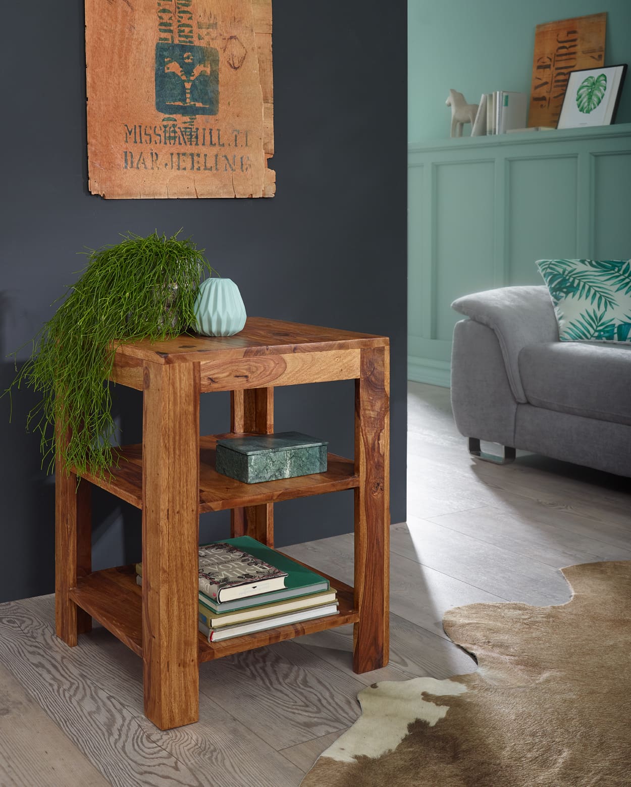 36268-WOHNLING-Standregal-MUMBAI-Massiv-Holz-Shee_2 Standregal MUMBAI Massiv-Holz Sheesham 60 cm Wohnzimmer-Regal mit 2 Ablagefächer Design Landhaus-Stil Beistelltisch