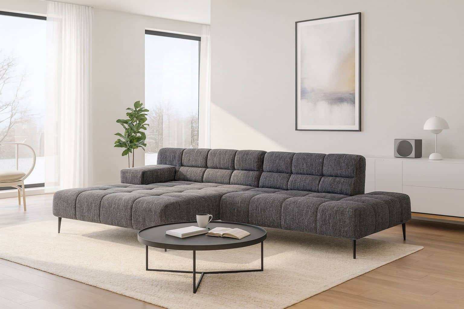 Liam Ecksofa von designwerk – modernes Flachgewebe-Sofa mit Sitztiefenverstellung und Recamiere