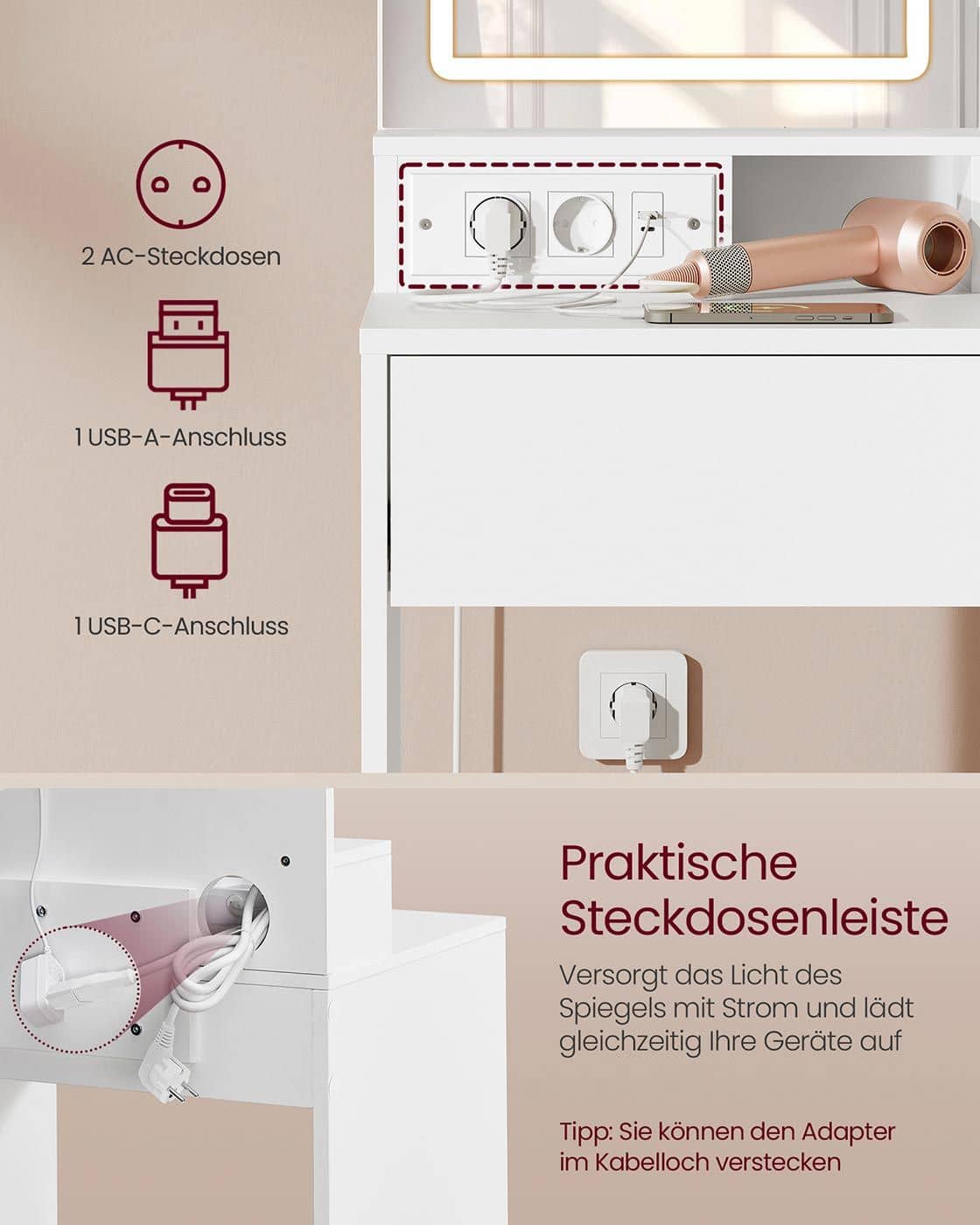 Kailyn Kollektion - Schminktisch mit LED-Spiegel Schublade und offenen Ablagen