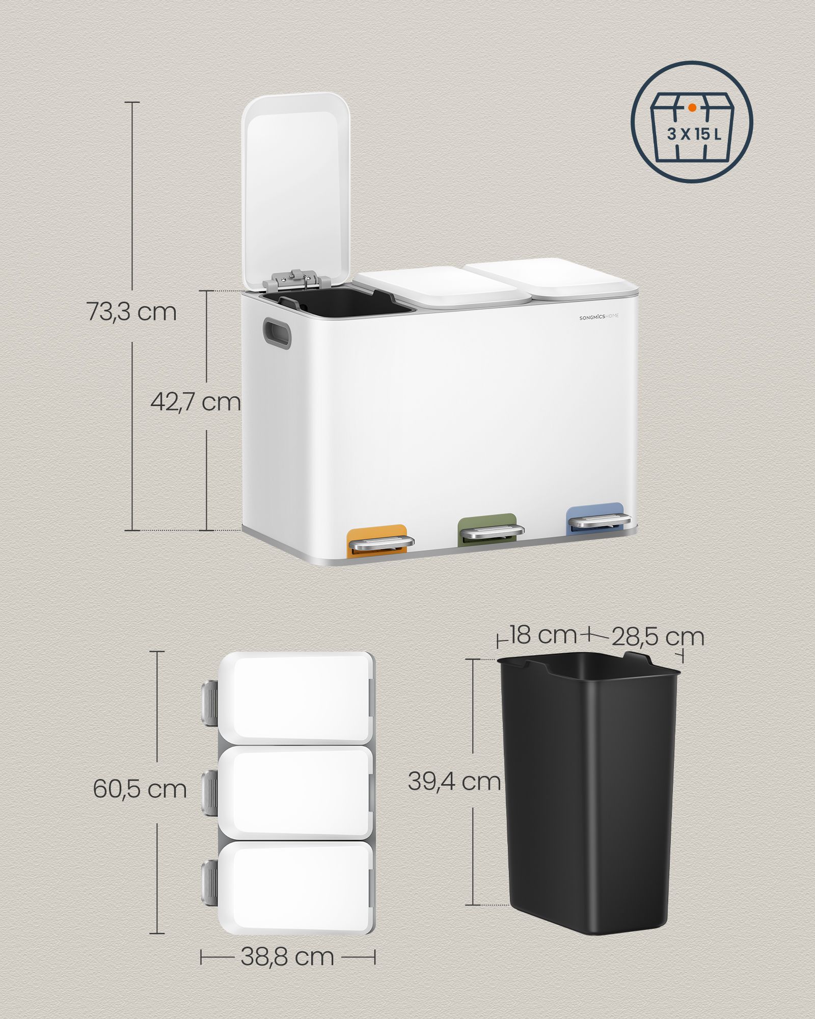 Mülleimer Küche 3 x 15 L Fächer wolkenweiß Mülleimer Küche 3 x 15 L Fächer wolkenweiß