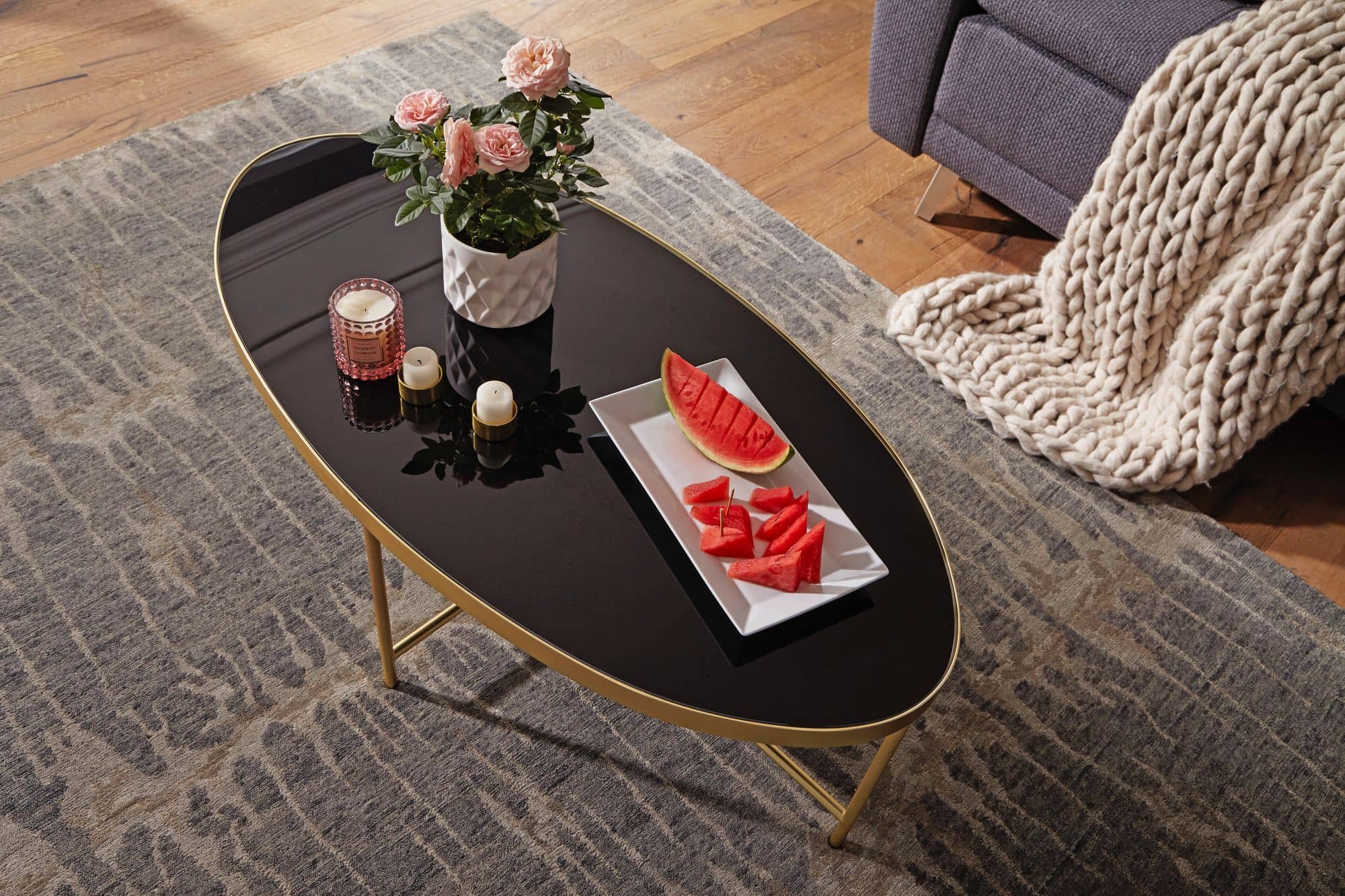 52212-WOHNLING-Couchtisch-Oval-WL5-993-Schwarz-Gold-110x40x55 Design Couchtisch Glas Schwarz - Oval 110 x 56 cm mit Gold Metallgestell