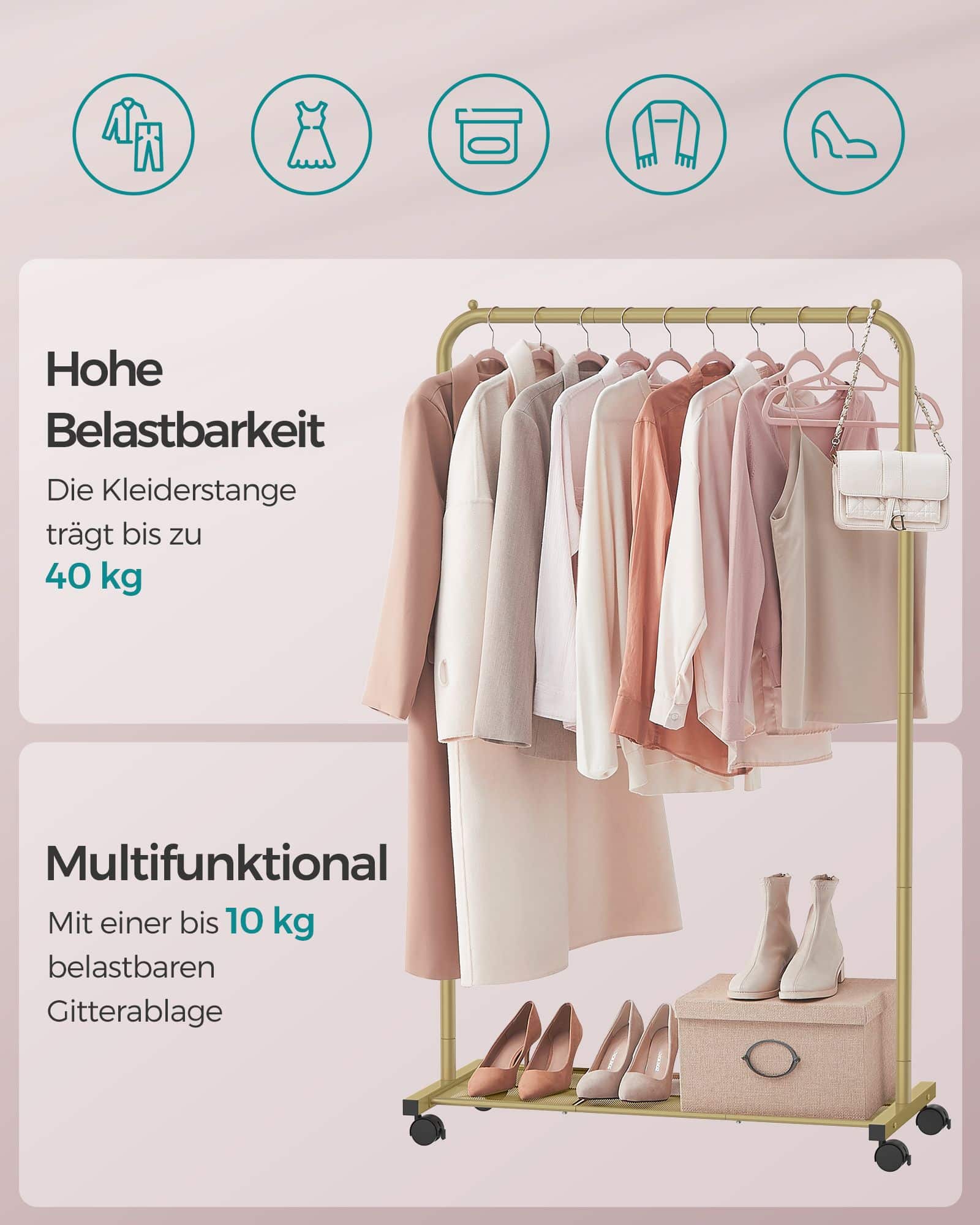 Kleiderstange auf Rollen mit Ablage goldfarben Kleiderstange auf Rollen mit Ablage goldfarben