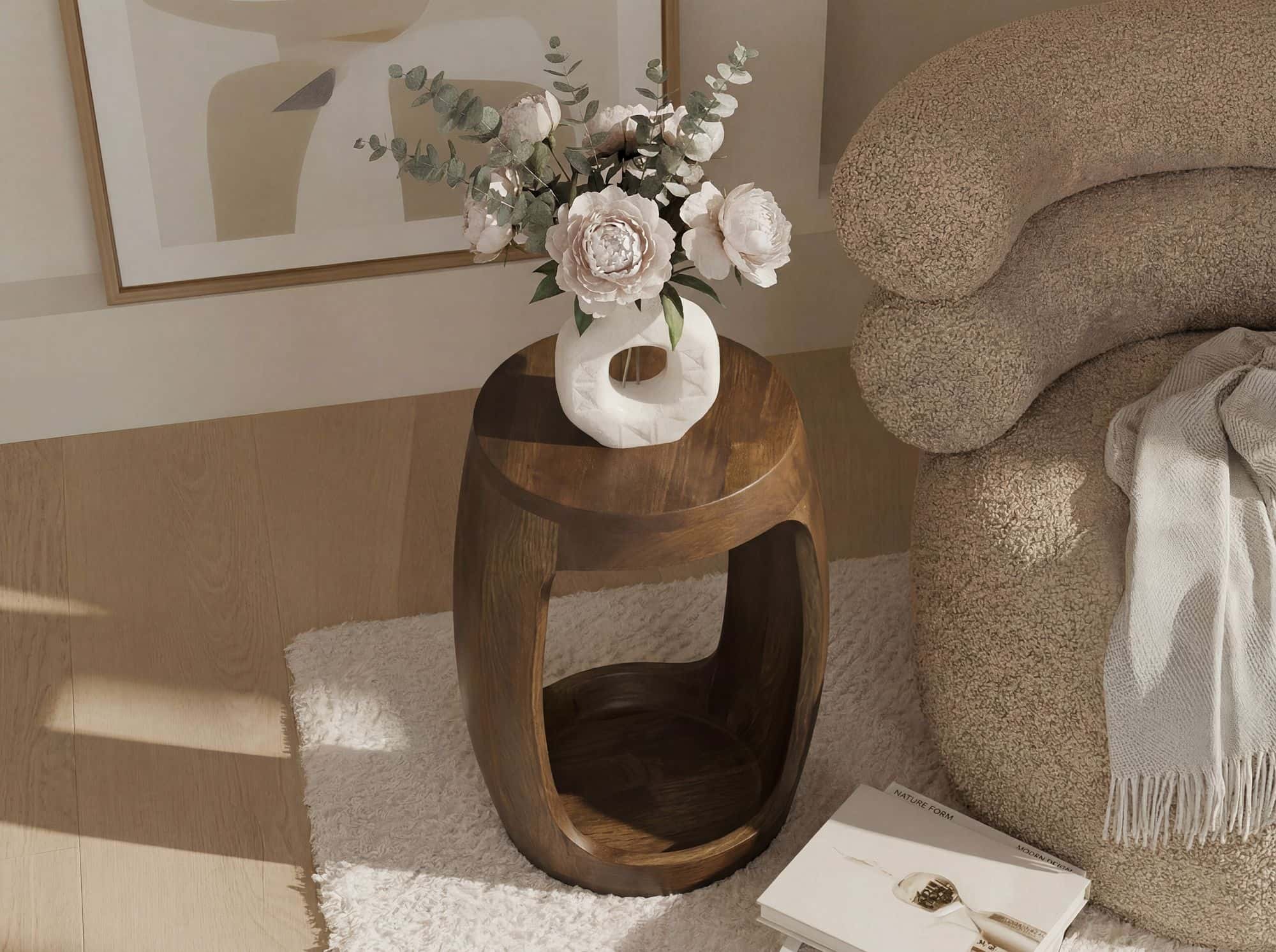 Beistelltisch Mango Massivholz rund 30cm - Kleiner Runder Couchtisch mit offenem Fach - Handgefertigter Wohnzimmertisch im modernen Design aus Echtholz