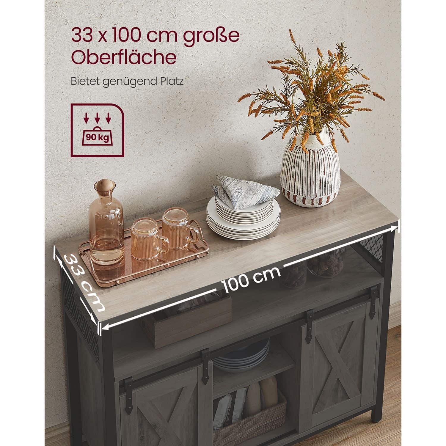 VASAGLE Sideboard greige-schwarz mit Schiebetüren