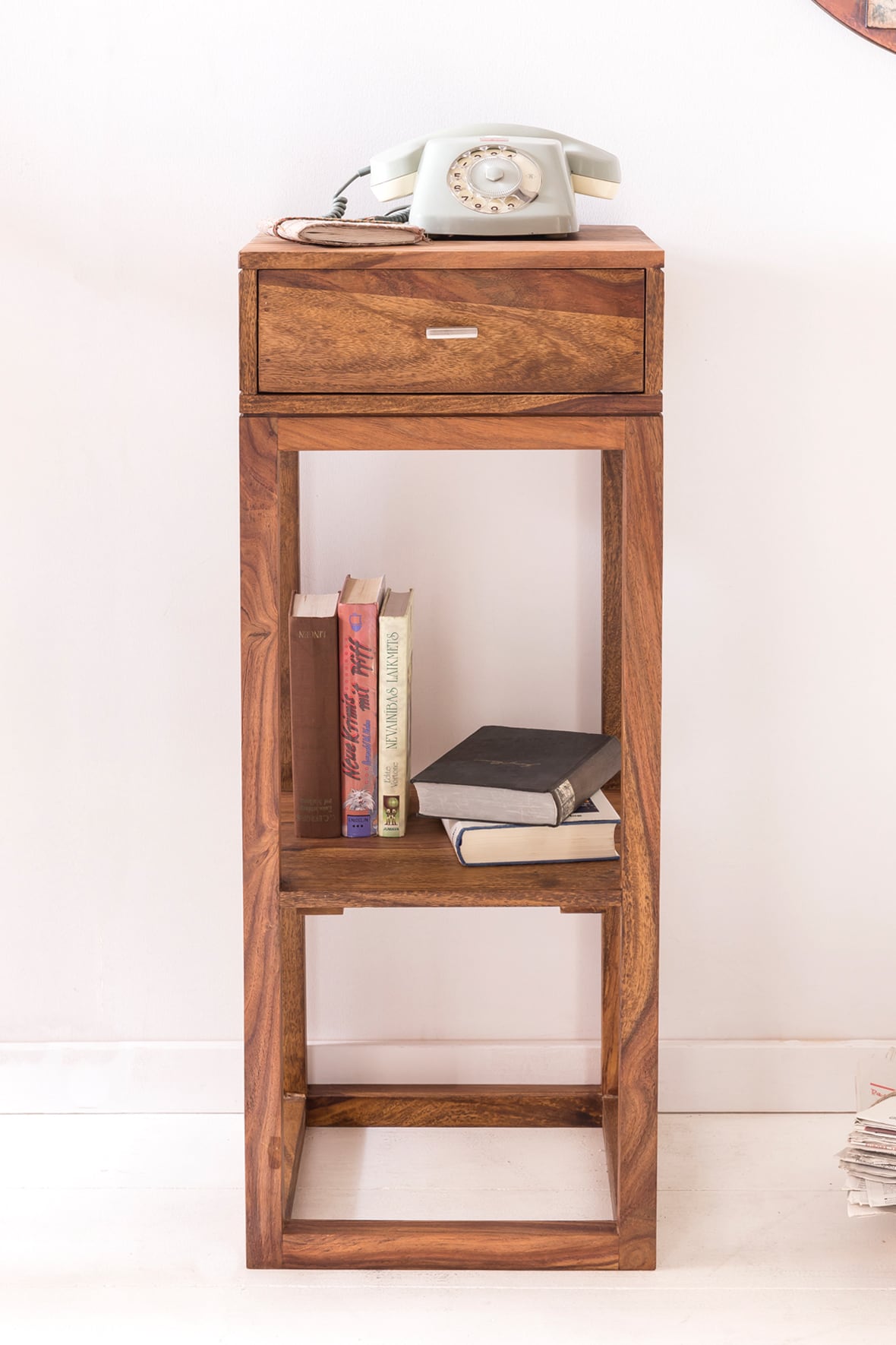 Beistelltisch MUMBAI Massivholz Sheesham Anstelltisch Telefontisch mit Schublade 35 x 35 x 90 cm Beistelltisch MUMBAI Massivholz Sheesham Anstelltisch Telefontisch mit Schublade 35 x 35 x 90 cm