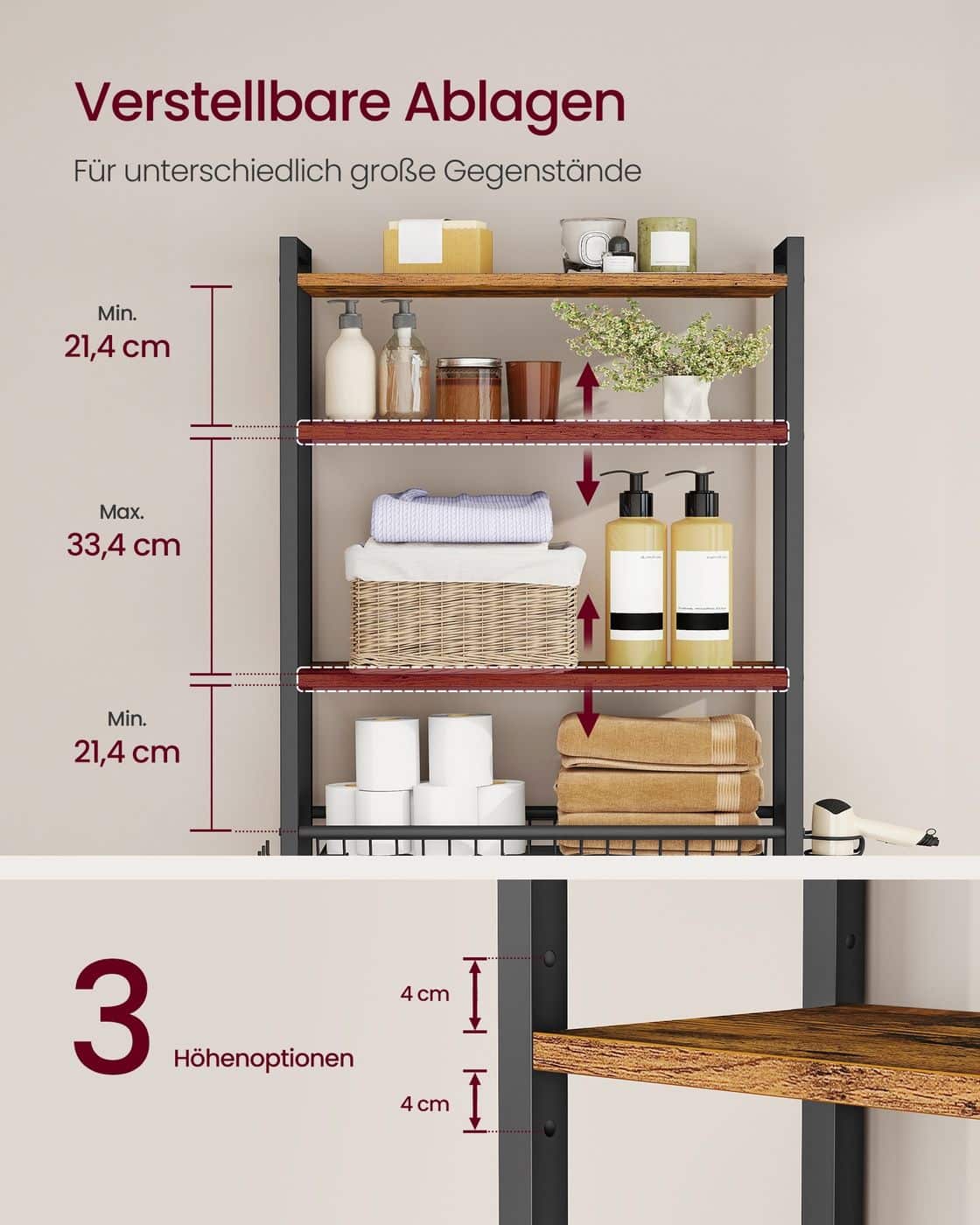 Badezimmerregal über der Toilette spart Platz und ordnet Utensilien