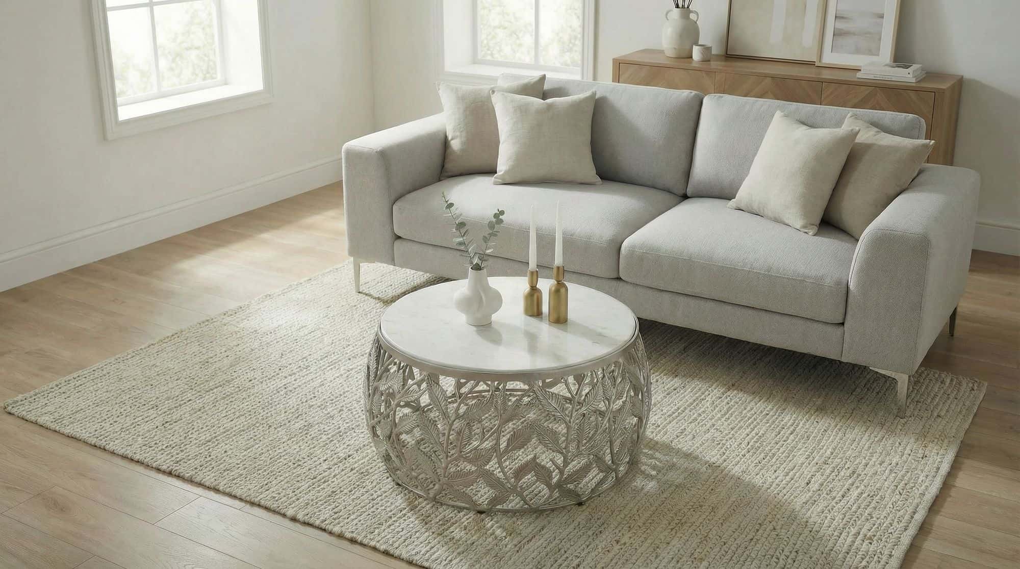 Couchtisch 60cm Silber mit weißer Marmor Tischplatte - Wohnzimmertisch rund - Sofatisch modern - Beistelltisch Aluminium - Design Beistelltisch Wohnzimmer Metallgestell Handmade