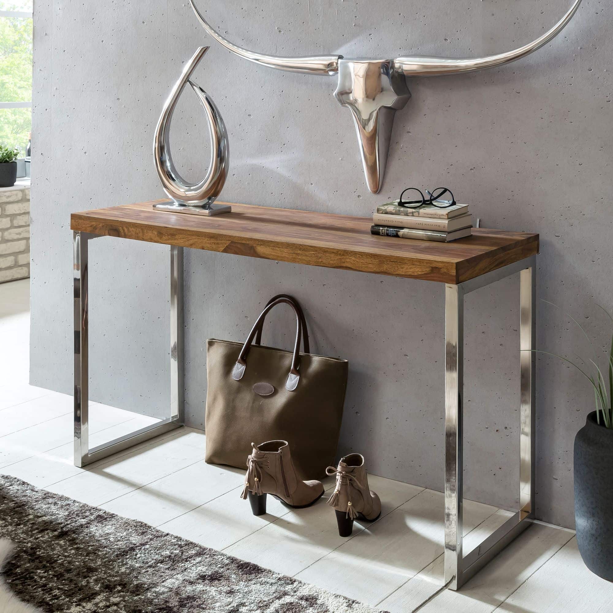 34316-WOHNLING-Konsolentisch-GUNA-Massivholz-SheeshSWzInJp2HYw3y Konsolentisch GUNA Massivholz Sheesham Konsole mit Metallbeinen Schreibtisch 120x45 cm Landhaus-Stil Sideboard Modern Massiv Echt-holz Natur Anrichte PC-Tisch Sekretär Tisch Flur
