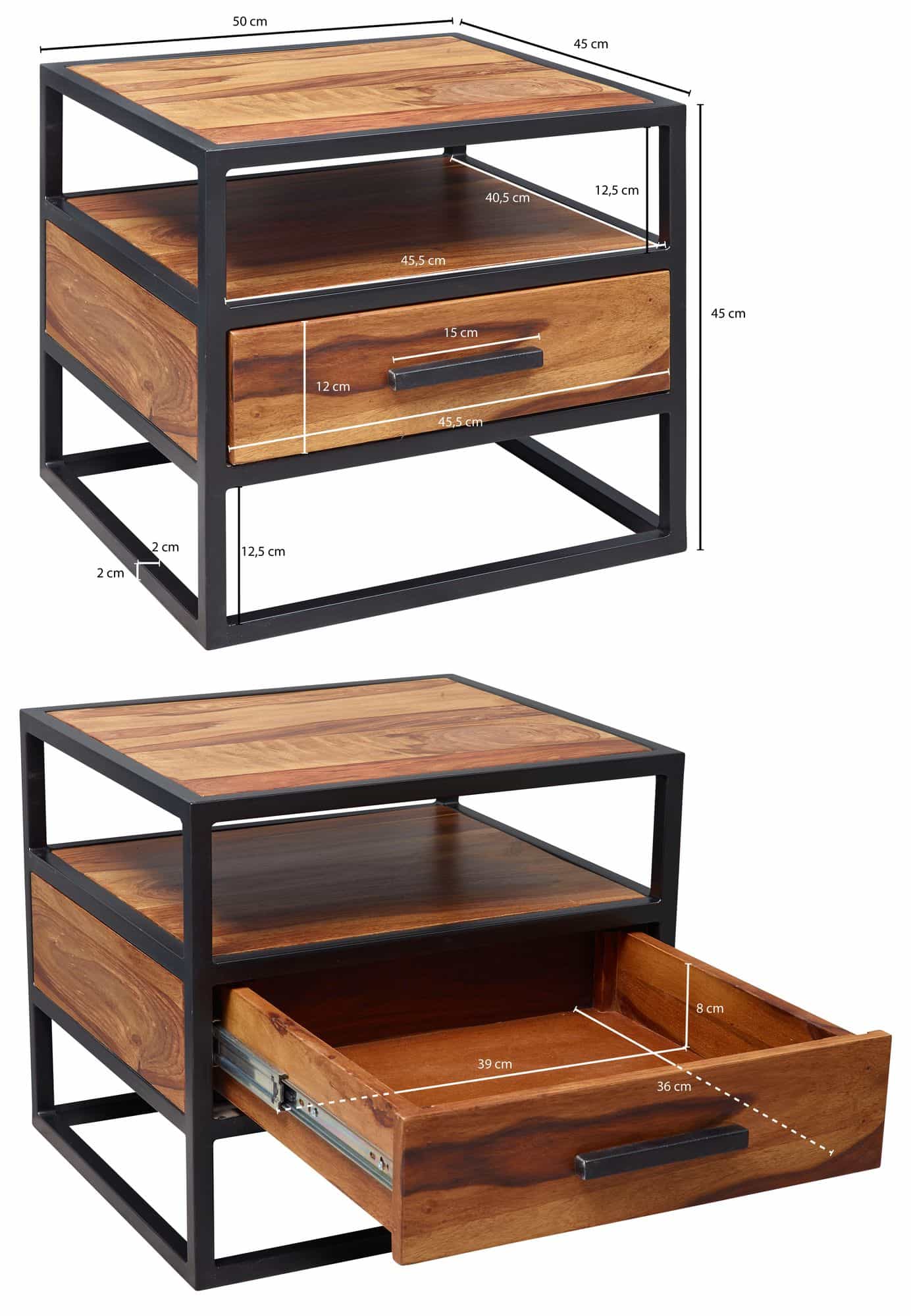 Nachtkonsole 50 x 45 x 45 cm WL5.624 Sheesham Holz Metall Schwarz Nachttisch Nachtkonsole 50 x 45 x 45 cm WL5.624 Sheesham Holz Metall Schwarz Nachttisch