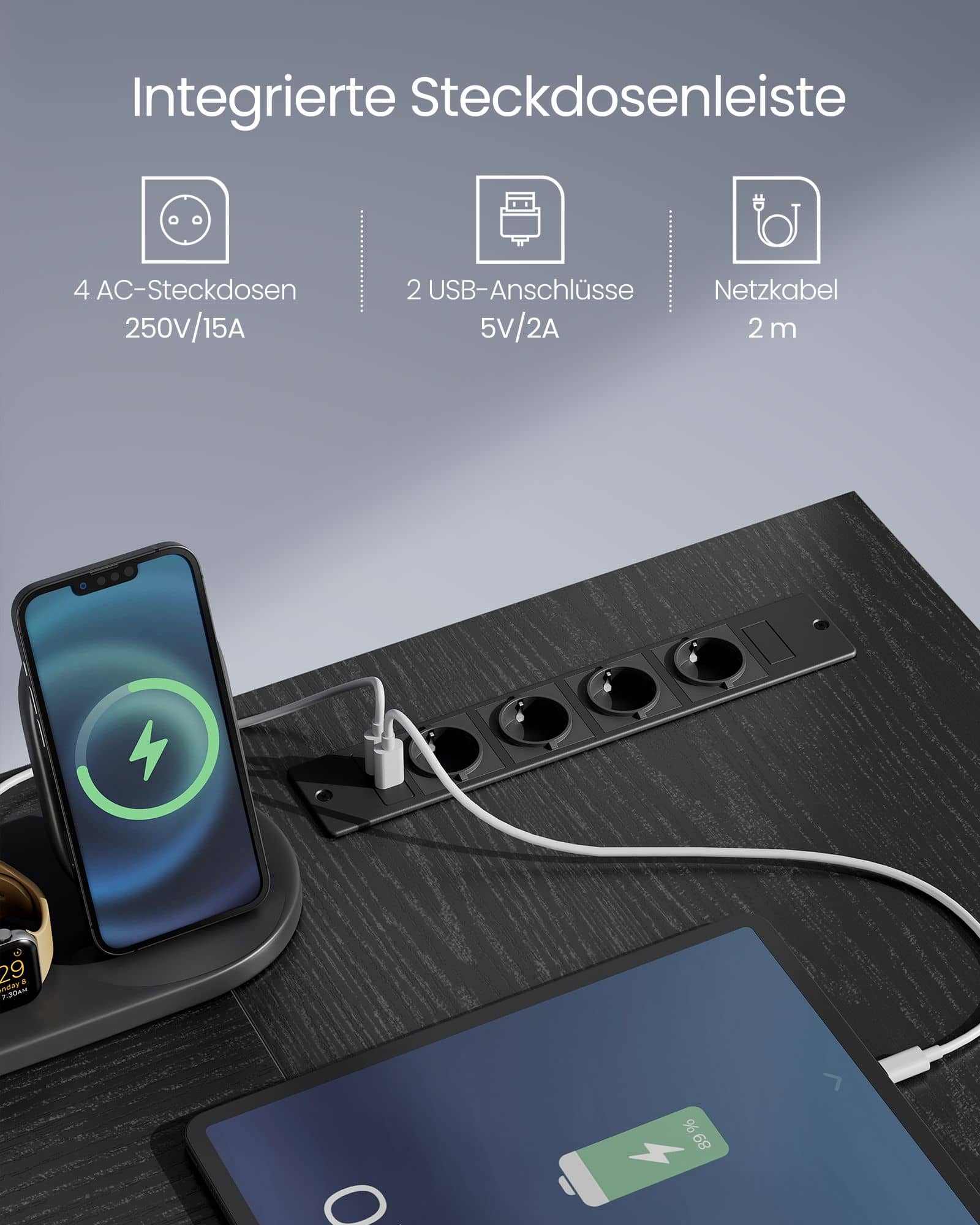 L-förmiger Schreibtisch mit Steckdosen ebenholzschwarz L-förmiger Schreibtisch mit Steckdosen ebenholzschwarz