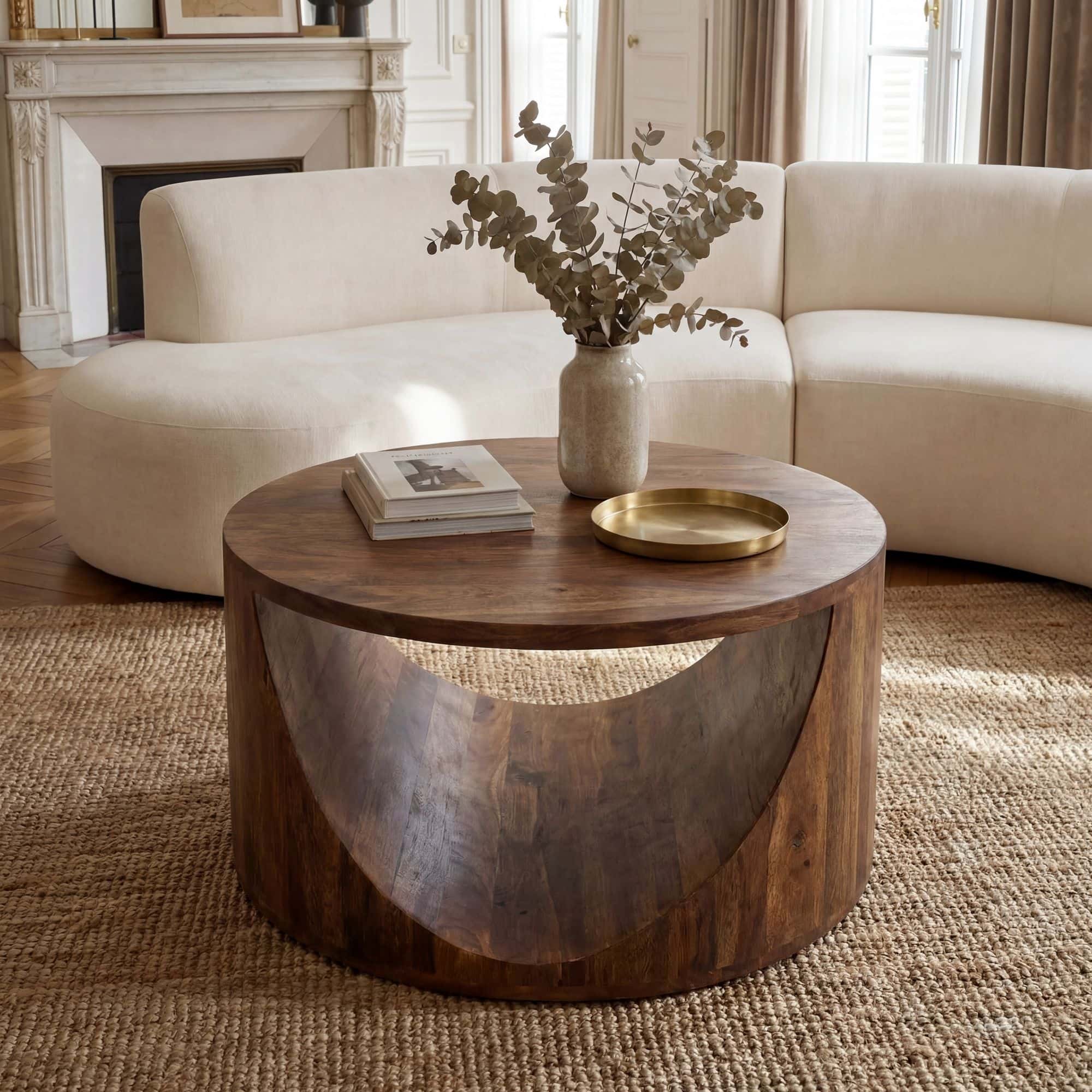 Couchtisch Mango Massivholz Rund 60cm - Design Wohnzimmertisch mit Ablagefach - Ausgefallener Sofatisch Holz - Loungetisch Zylinder - Natur Beistelltisch Handmade