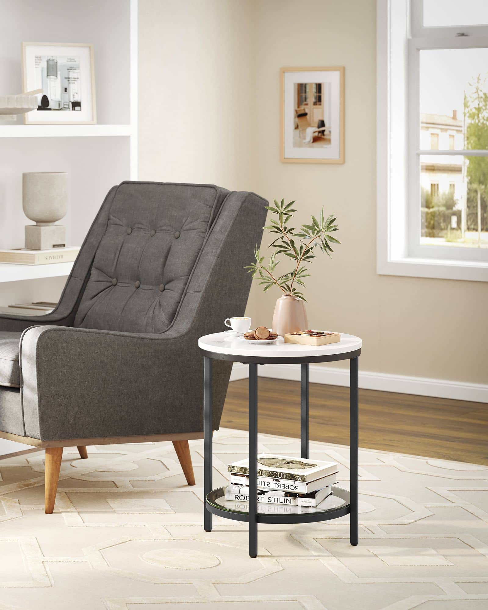 Beistelltisch 2 Ebenen in weißer Marmoroptik mit schwarzem Gestell