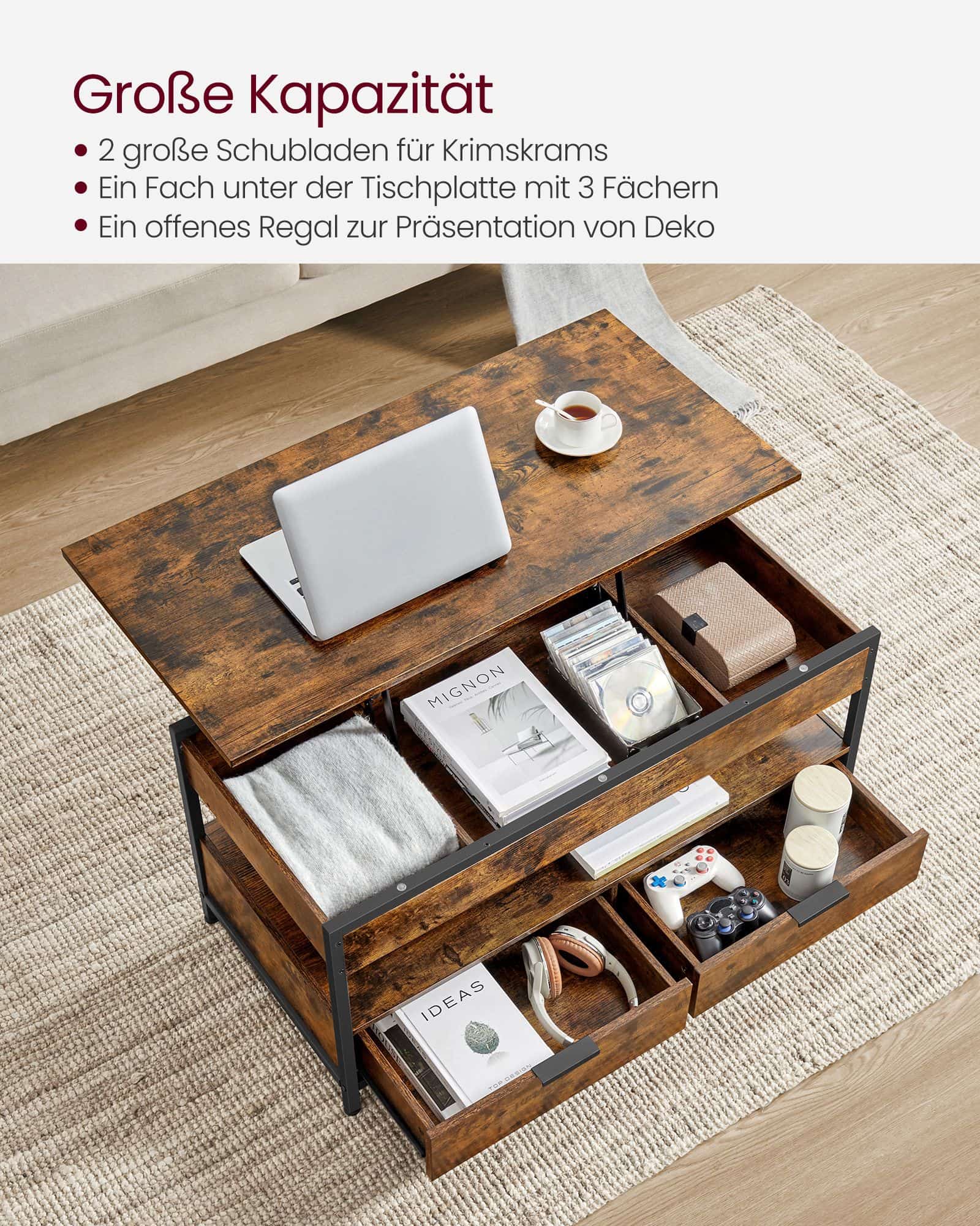 Couchtisch mit Schubladen vintagebraun-tintenschwarz