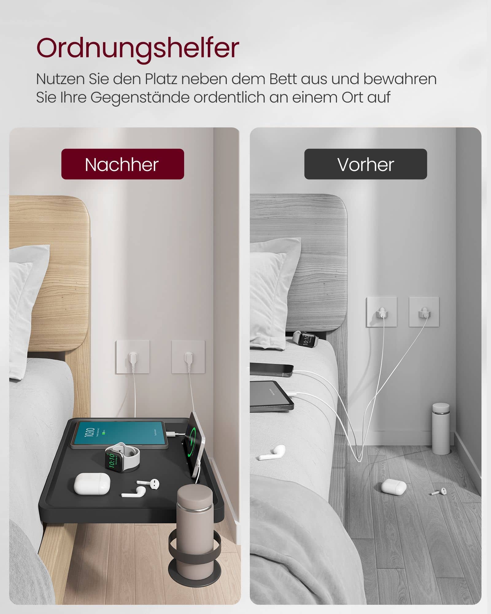 Nachttisch zum Einhängen mit Getränkehalter tintenschwarz