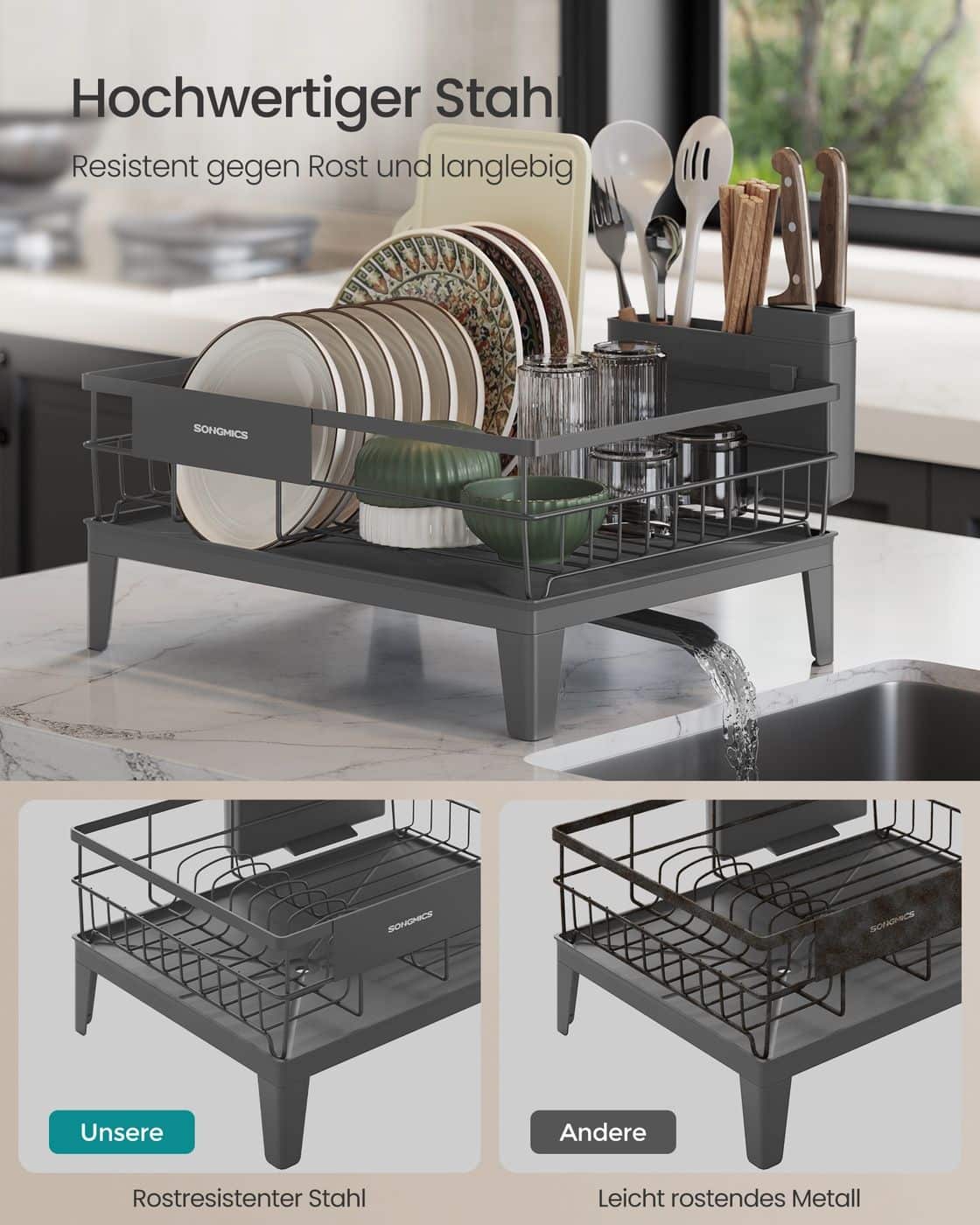 Drehbares Abtropfgestell mit Abtropfschale und Besteckablage anthrazitgrau Drehbares Abtropfgestell mit Abtropfschale und Besteckablage anthrazitgrau