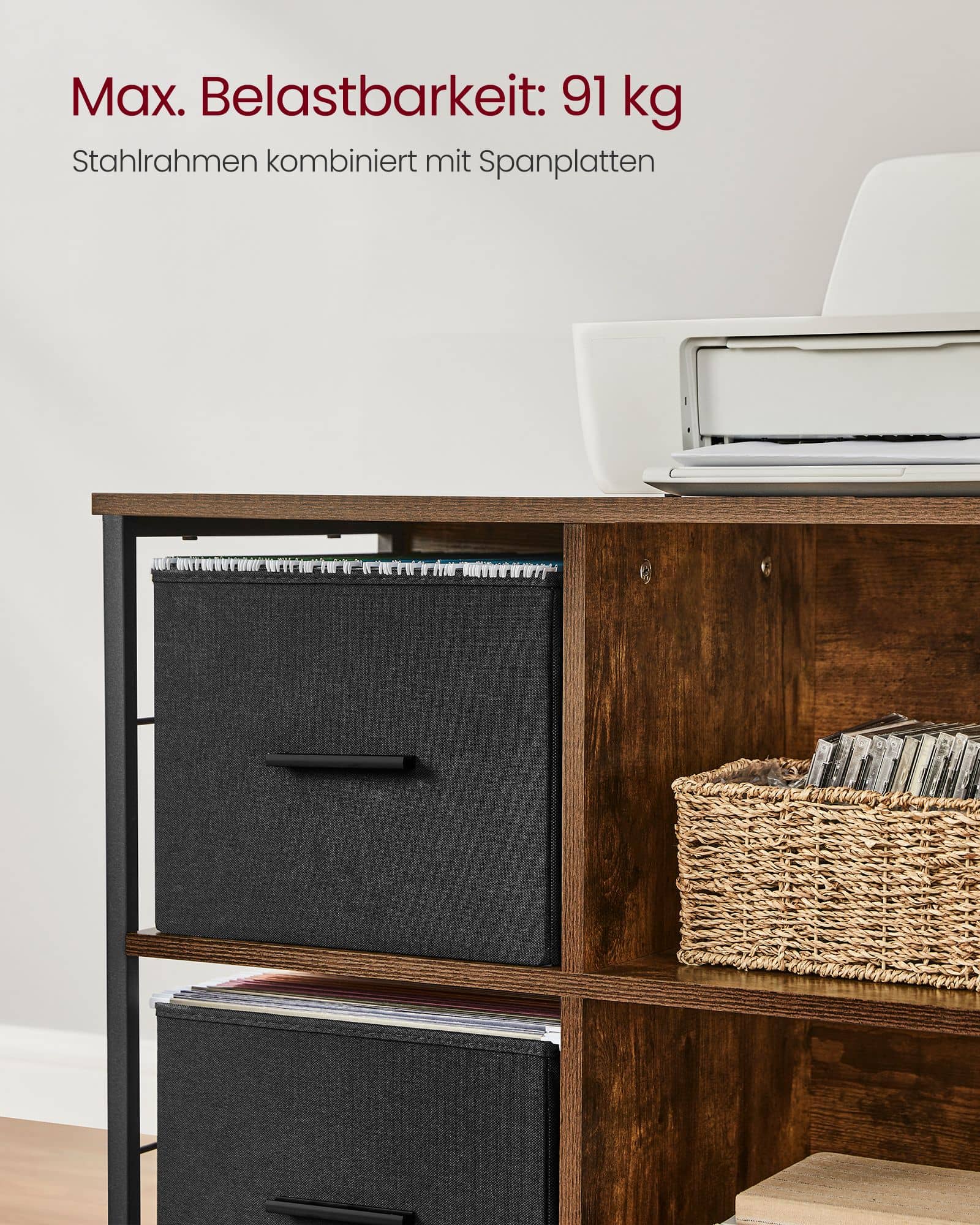 Büroschrank mit 2 Stoffschubladen Letter-Format vintagebraun-tintenschwarz Büroschrank mit 2 Stoffschubladen Letter-Format vintagebraun-tintenschwarz