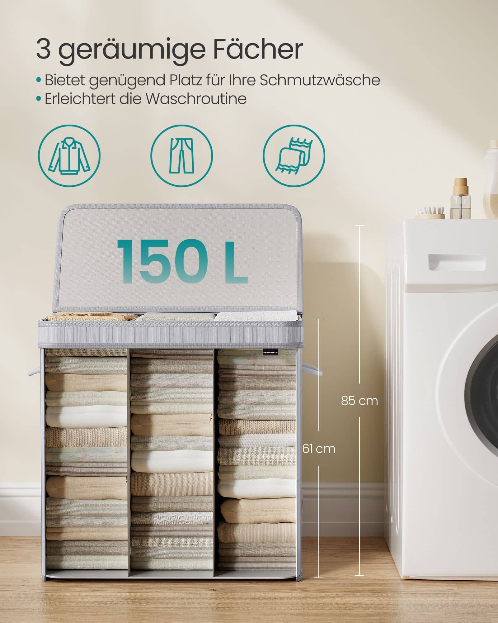 Wäschekorb mit Deckel aus Bambus 150 Liter taubengrau Wäschekorb mit Deckel aus Bambus 150 Liter taubengrau