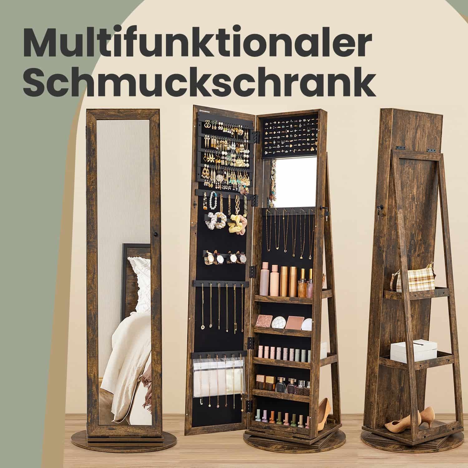 Schmuckschrank mit Spiegel, 360° drehbarer Spiegelschrank, abschließbar Schmuckschrank mit Spiegel, 360° drehbarer Spiegelschrank, abschließbar