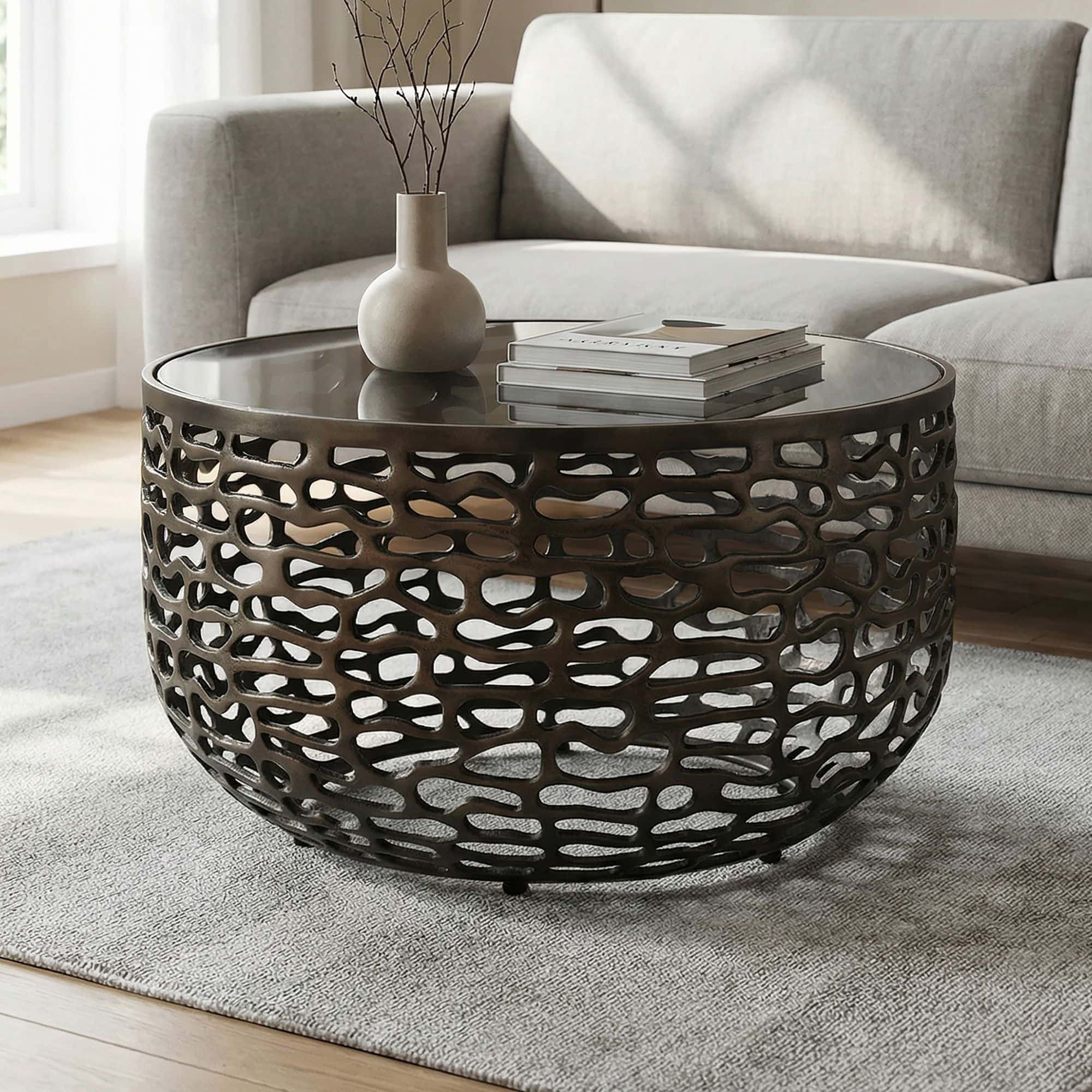 Couchtisch Aluminium Glas 60cm Schwarz - Runder Wohnzimmertisch Metall - Design Sofatisch - Moderner Loungetisch Gitteroptik - Beistelltisch Wohnzimmer Handmade Couchtisch Aluminium Glas 60cm Schwarz - Runder Wohnzimmertisch Metall - Design Sofatisch - Moderner Loungetisch Gitteroptik - Beistelltisch Wohnzimmer Handmade