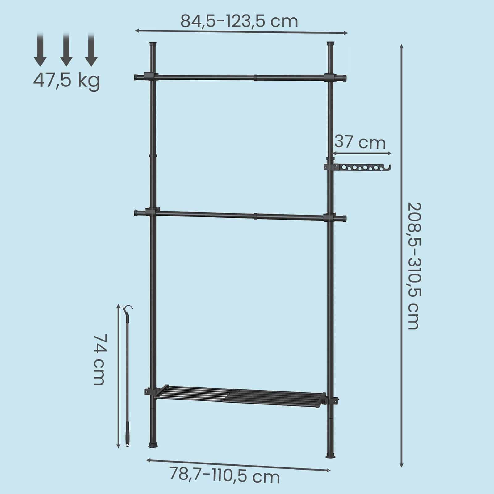 3-stufiger Kleiderständer, höhen- und breitenverstellbar, offene Garderobe mit 2 Kleiderstangen und 1 Ablage 3-stufiger Kleiderständer, höhen- und breitenverstellbar, offene Garderobe mit 2 Kleiderstangen und 1 Ablage
