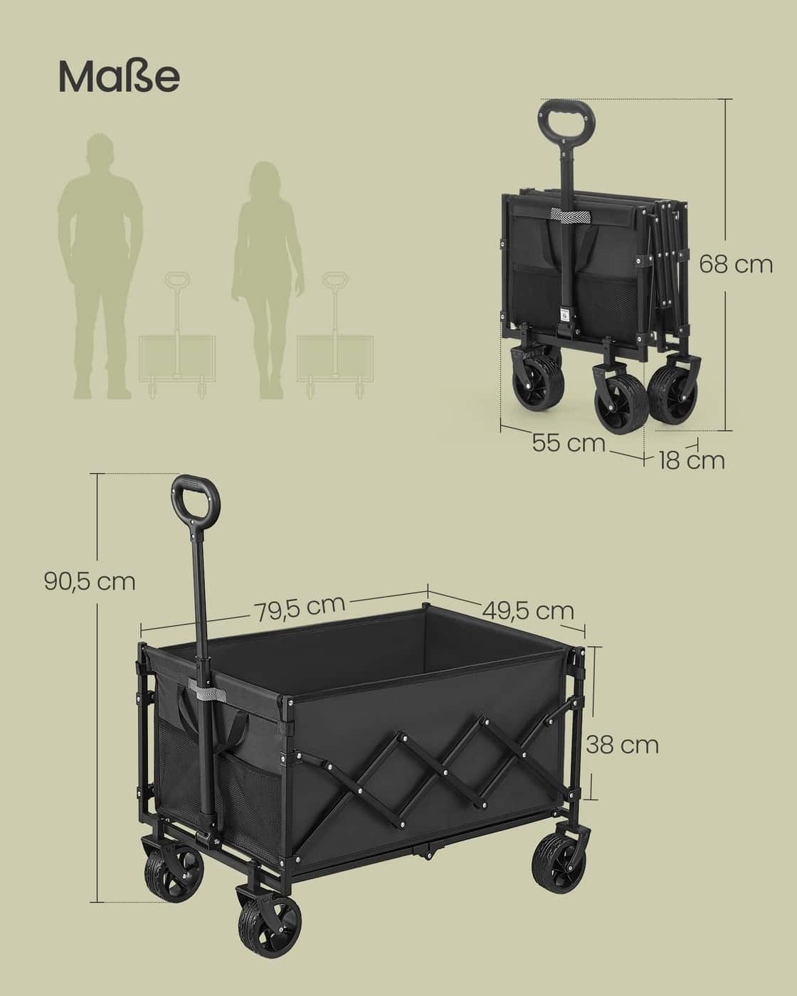 Kleiner Handwagen faltbar mit 4 verstärkten Rollen und Griff Tintenschwarz