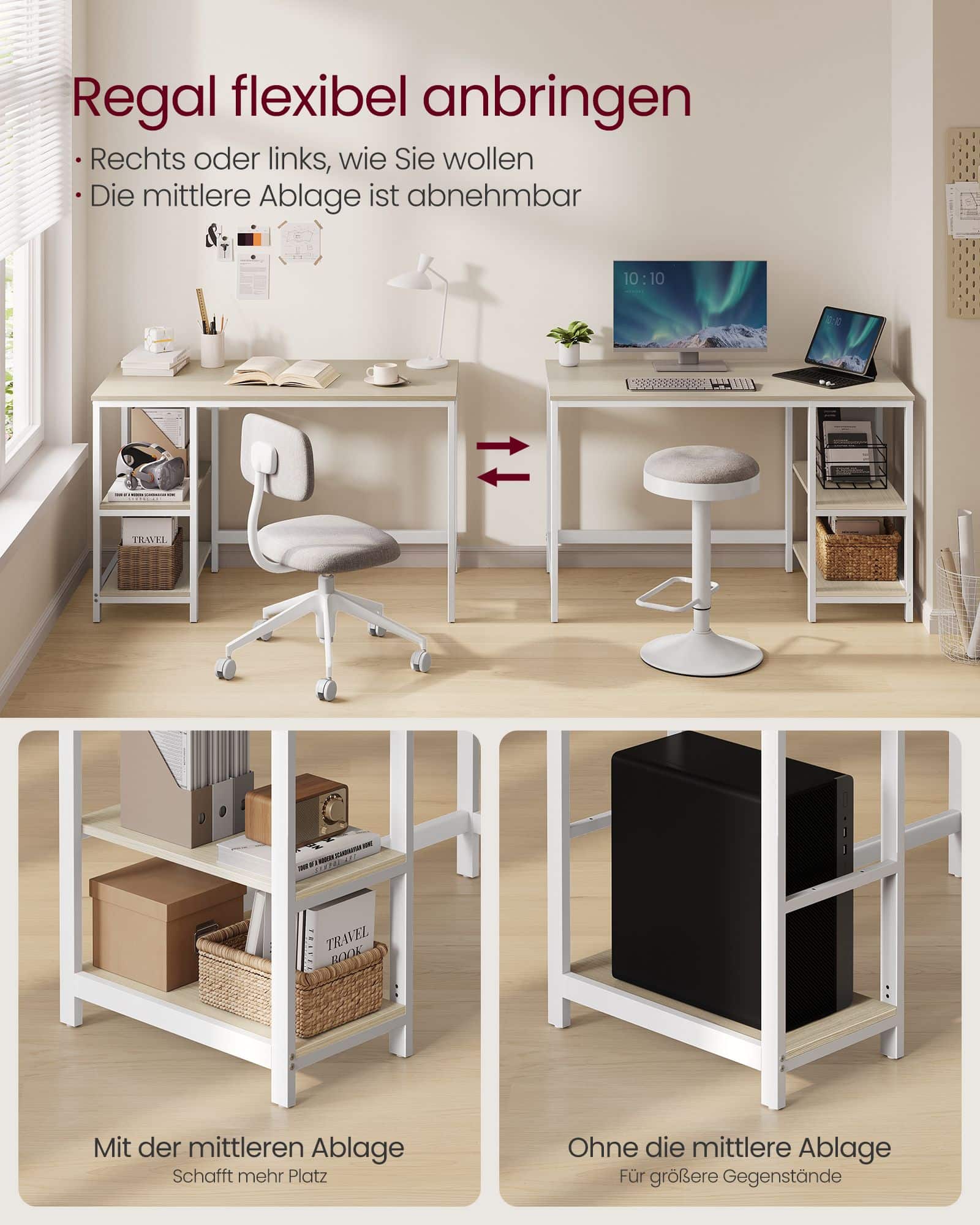 Schreibtisch mit 2 Ablagen auf der rechten oder linken Seite Schreibtisch mit 2 Ablagen auf der rechten oder linken Seite
