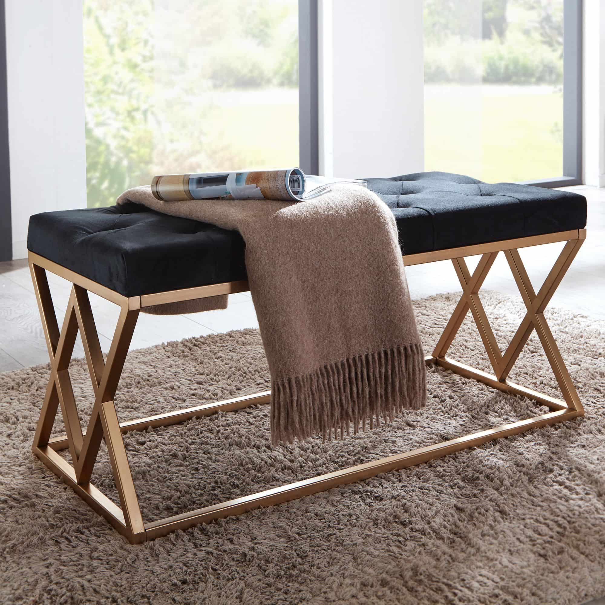 72482-Wohnling-Sitzbank-Schwarz-Gold-90x44x46-cm-WL6-619-3 Sitzbank Samt Schwarz 90x46x44 cm Flur Polsterbank mit Metallgestell
