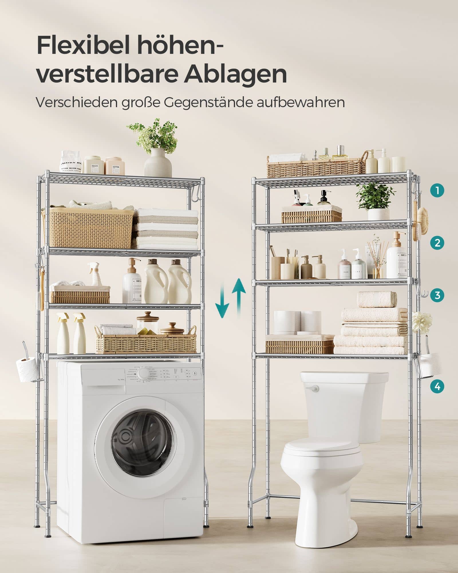 4-stöckiges Toilettenregal mit verstellbaren Ablagen taubengrau