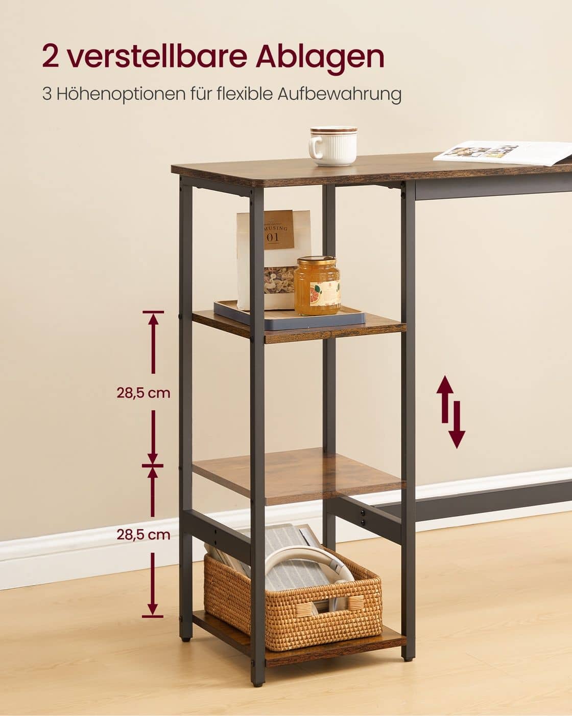 Bartisch Set mit Barhockern und praktischem Aufbewahrungsregal vintagebraun-schwarz