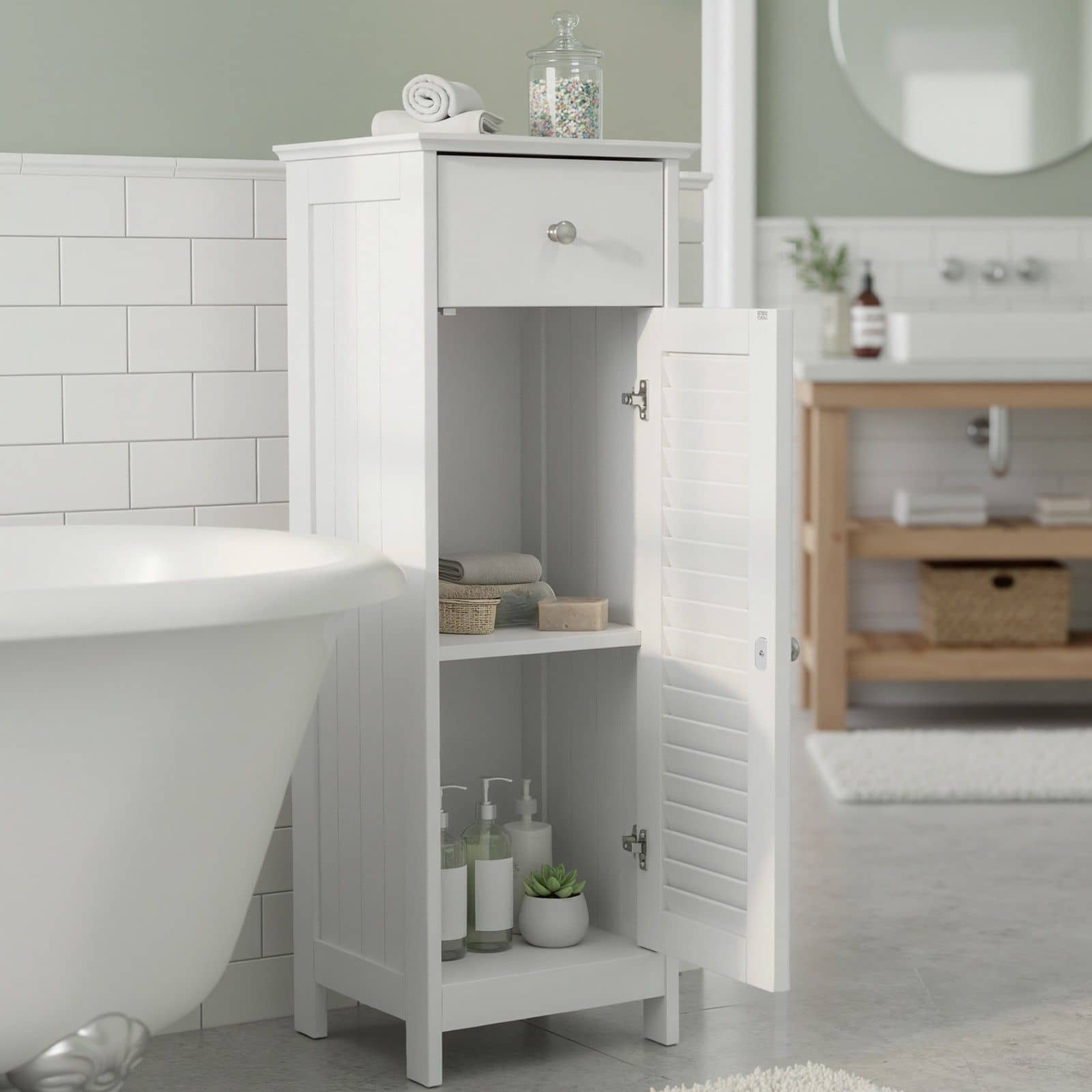 Schmaler Badschrank, Aufbewahrungsschrank, mit Schublade Schmaler Badschrank, Aufbewahrungsschrank, mit Schublade