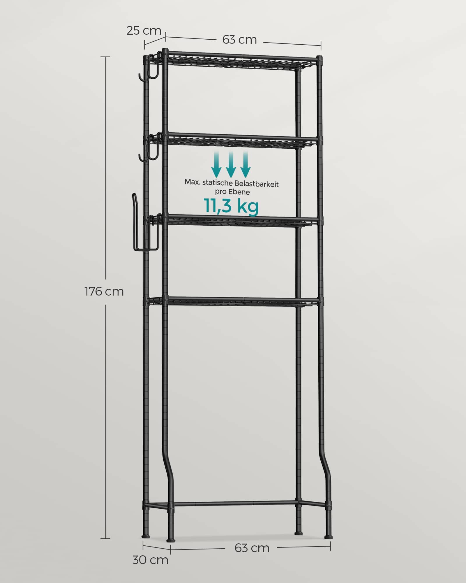 4-stöckiges Toilettenregal mit Haken platzsparend schwarz 4-stöckiges Toilettenregal mit Haken platzsparend schwarz
