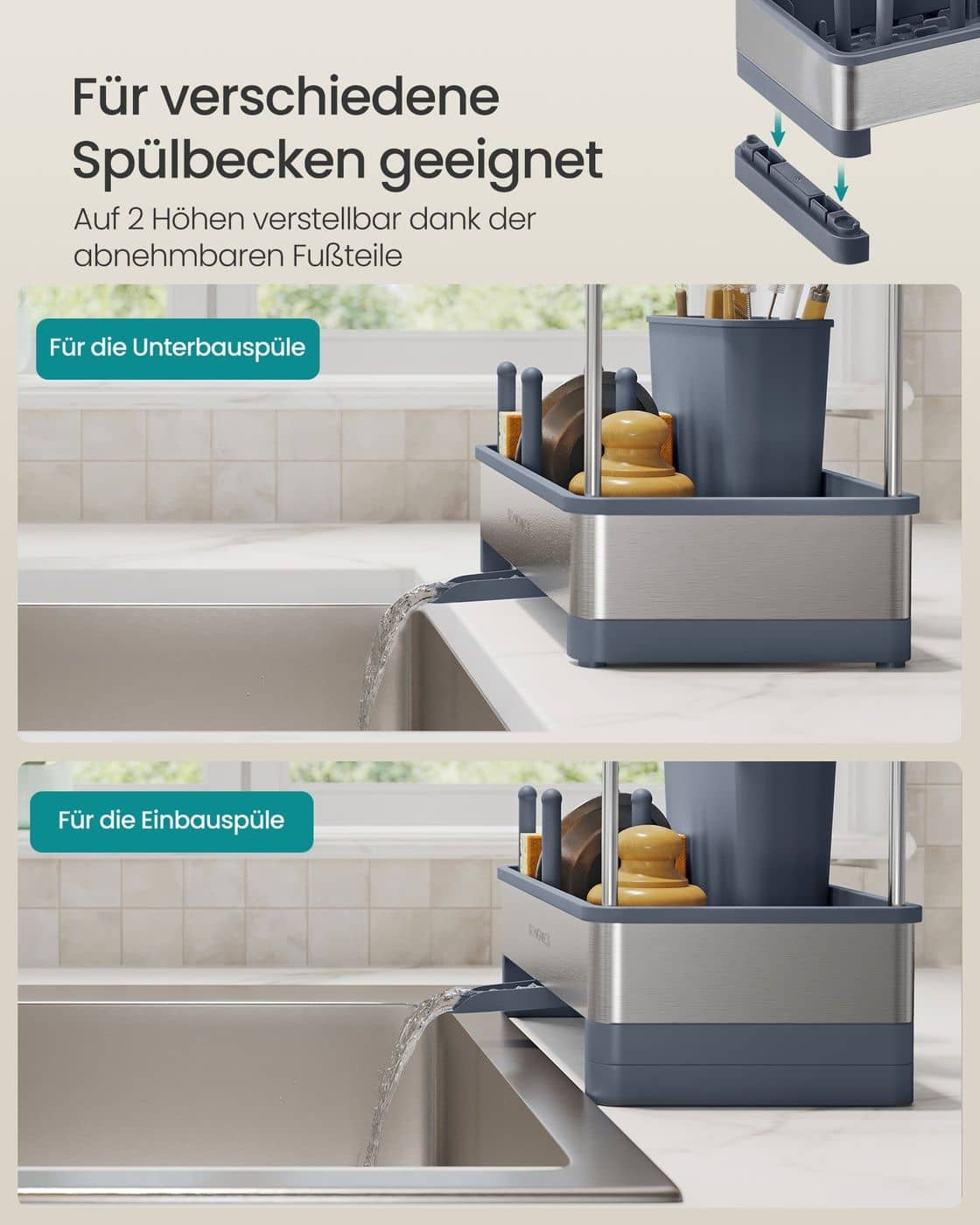 Spülbecken Organizer mit Halter für Schwämme und Bürsten schiefergrau-silbern