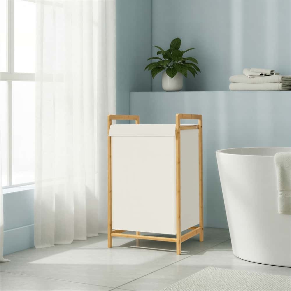 Wäschesammler mit Deckel, 2 Fächer Wäschekorb mit Bambusrahmen, Wäschesack abnehmbar